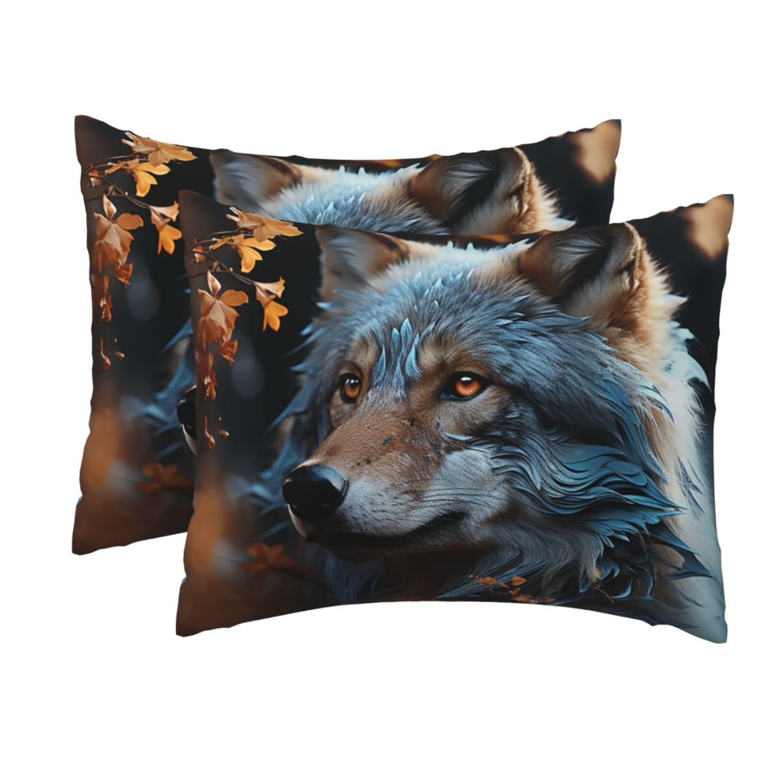 2 Pack Standard Size Pillow Cases for Hair and Skin Soft Breathable Pillow Case Covers with Hidden Zipper Autumn Leaves and a Wolf Pillowcase 20x26 Inches Pillow Cover for Sleeping Gift