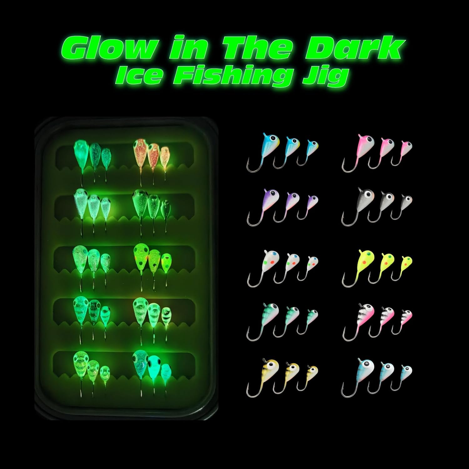 Tungsten Ice Fishing Jigs Kit, 3.2/4/5mm Glow in Dark Tear Drop Ice Fishing Lure Jigs with Waterproof Two-Sided Jig Box Assortment 20/24/30