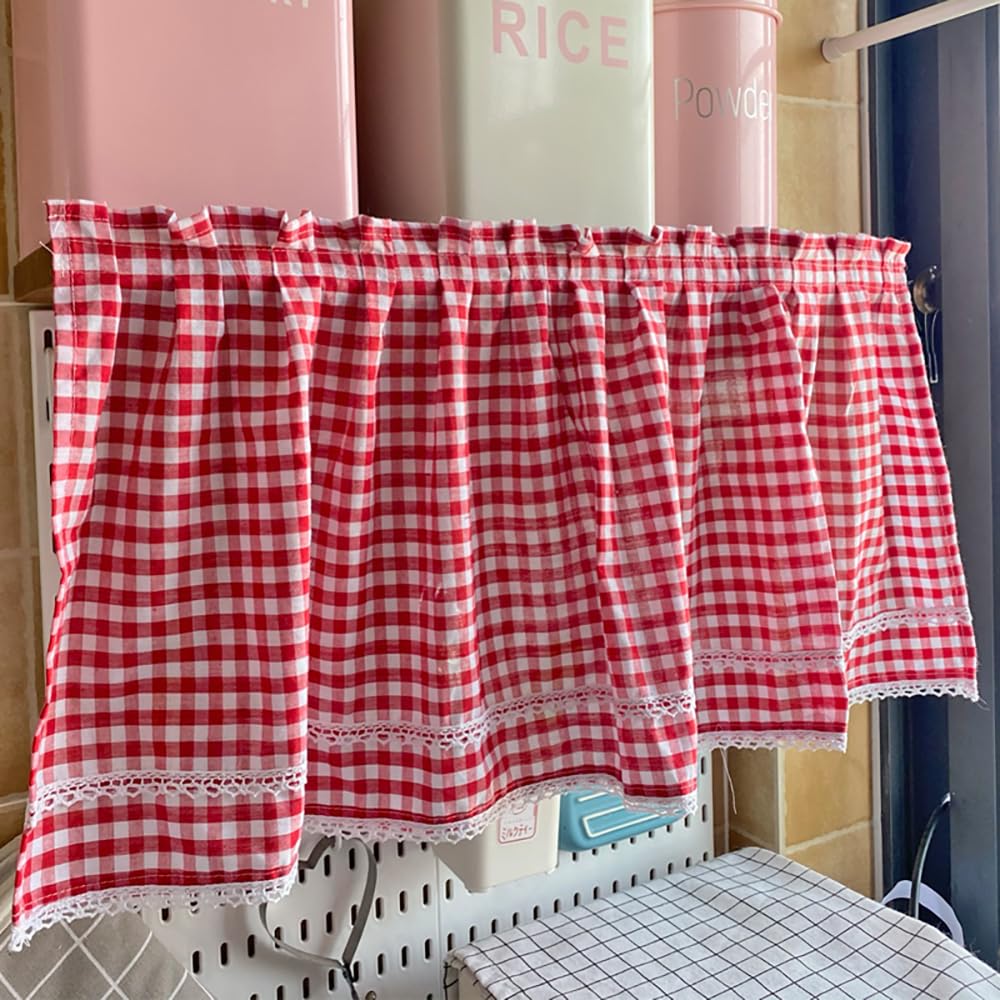 Tenda Corta Per Cucina - Cotone Opaco Con Pizzo, Motivo Quadretti Rosso E Bianco - Foto 5