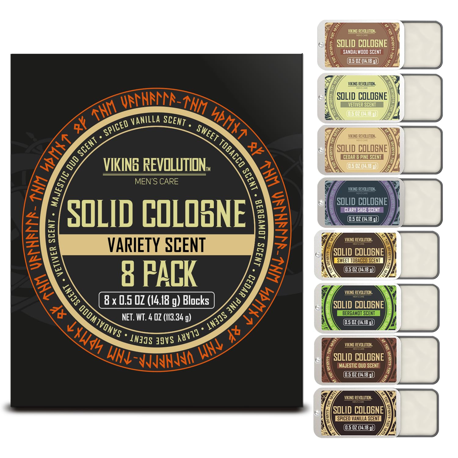 Viking Revolution 8 Pack Solid Cologne for Men - Mens Cologne Gift Set Including Sandalwood Vetiver Sweet Tobacco