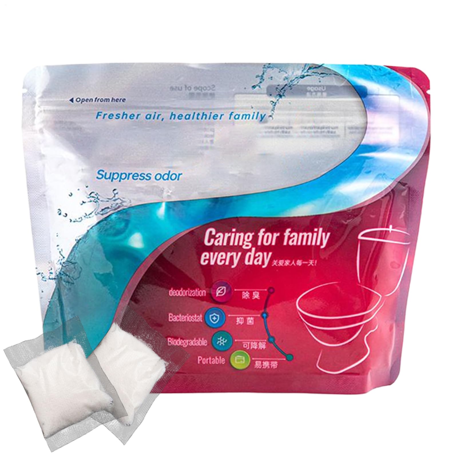 Polvere portatile per WC, 30 pezzi, polvere liquida con 5 g, neutralizzatore di odori, ideale per viaggi, escursioni, campeggio, alpinismo, attività all'aperto ed emergenze