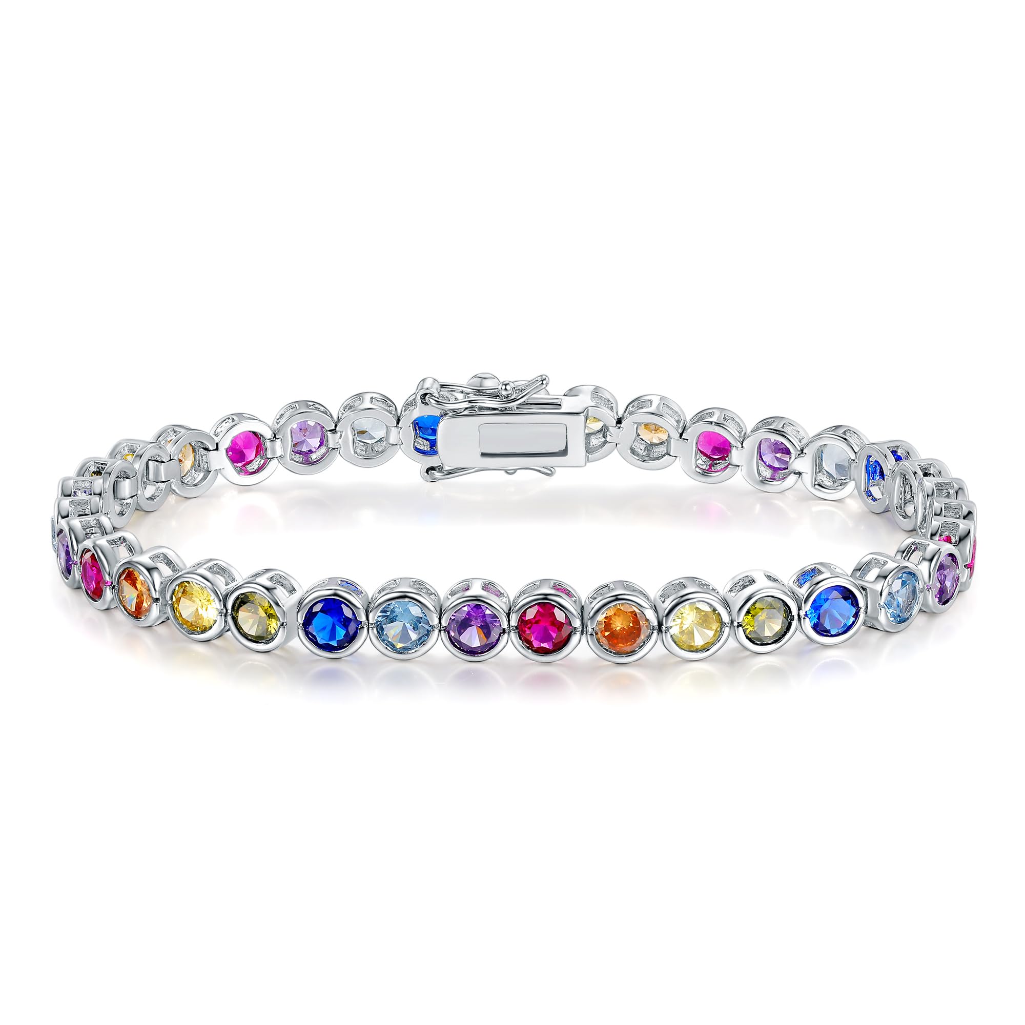 GEMSME 4.0mm Colorful Tennis Link Bracelet, 18K White/Yellow Gold Plated Bezel-Set 4mm Cubic Zirconia Rainbow Tennis Bracelet for Women