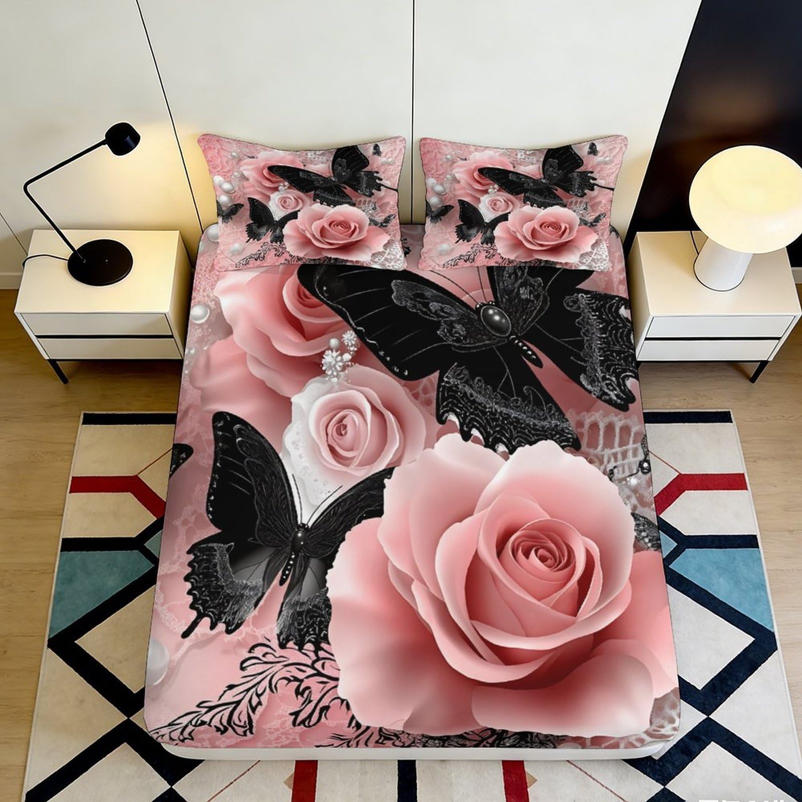 3D Printed Rose Butterfly Fitted Sheet Microfiber Deep Pocket Non-Slip Full Wrap Rose Butterfly Mattress Fitted Cover for Bedroom Adults 140x200x25cm