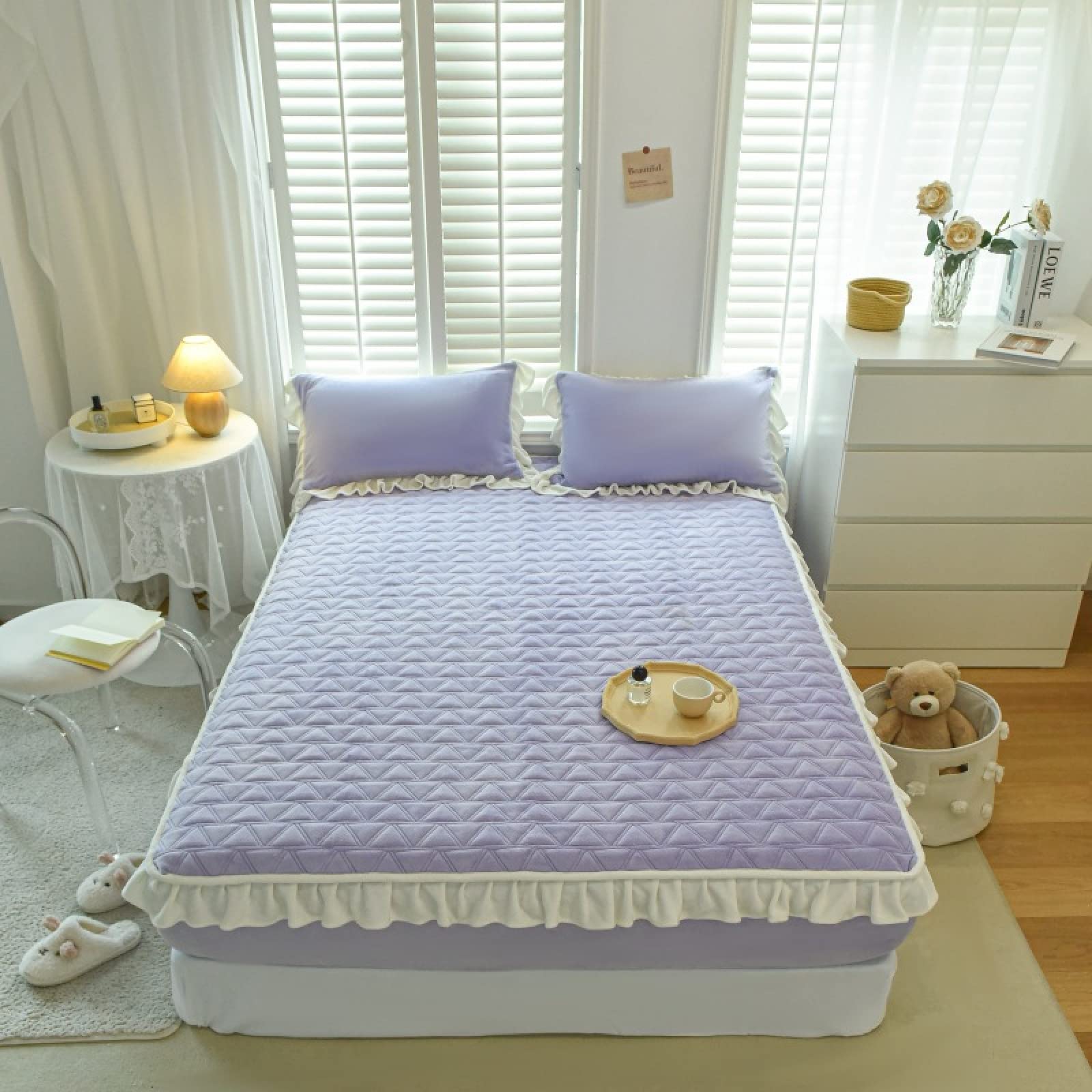 FCLDESHOP Confortable et Respirant Housse Matelas,Drap-Housse matelassé épais en Molleton de Corail, protège-Matelas Thermique antidérapant à Volants pour Chambre de Filles, Violet, 200 * 220cm