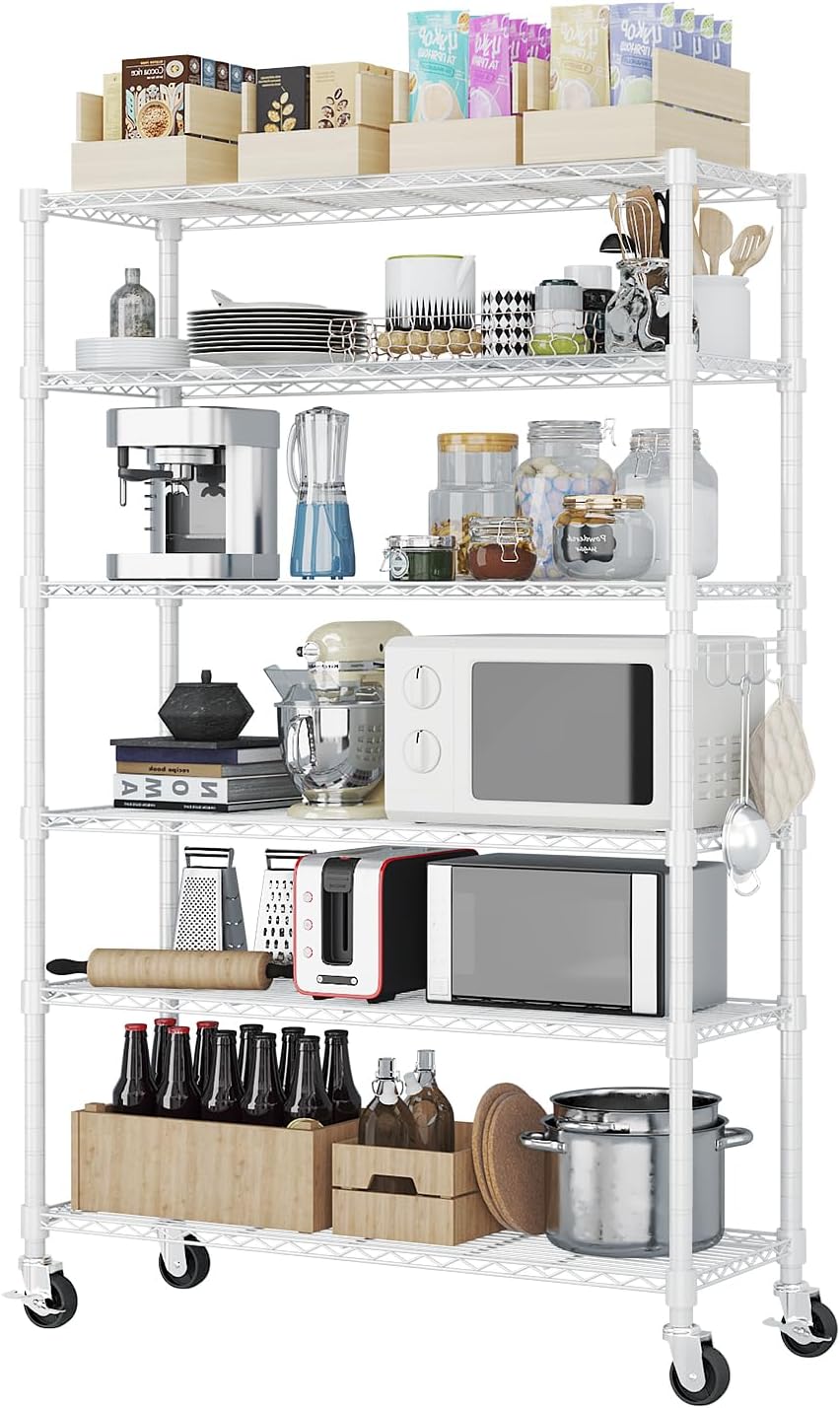 Wire Shelving 6 Tier Slim Steel Storage Metal Shelves with Wheels,Adjustable Kitchen Utility Shelving Unit,Pantry Rack Rolling Metal Shelf,White