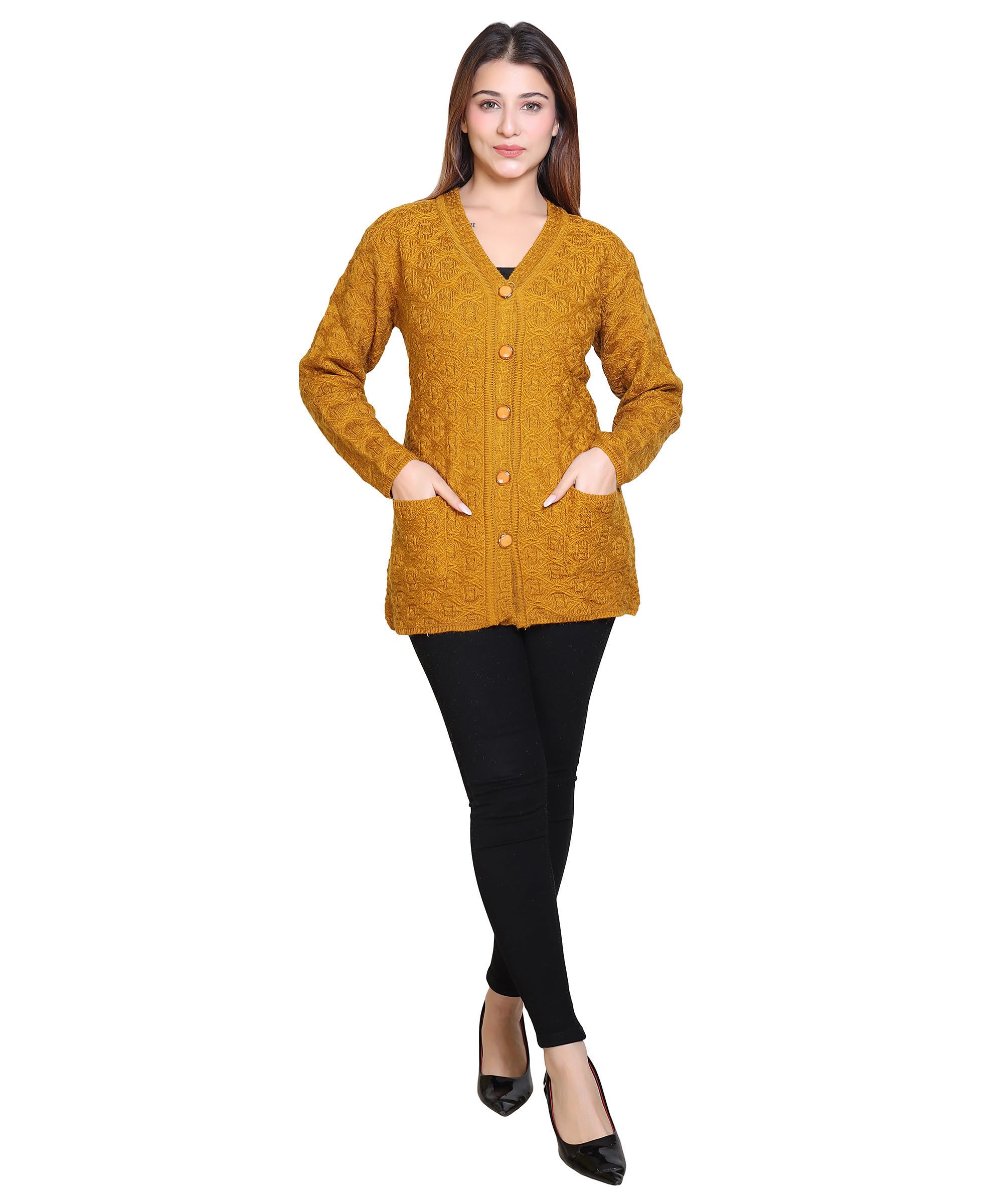 grand line Women Sweater for Winter Woolen Acrylic Full Sleeves V Neck Stylish Design Cardigan Girls/Ladies|Mustard, M-picture-47