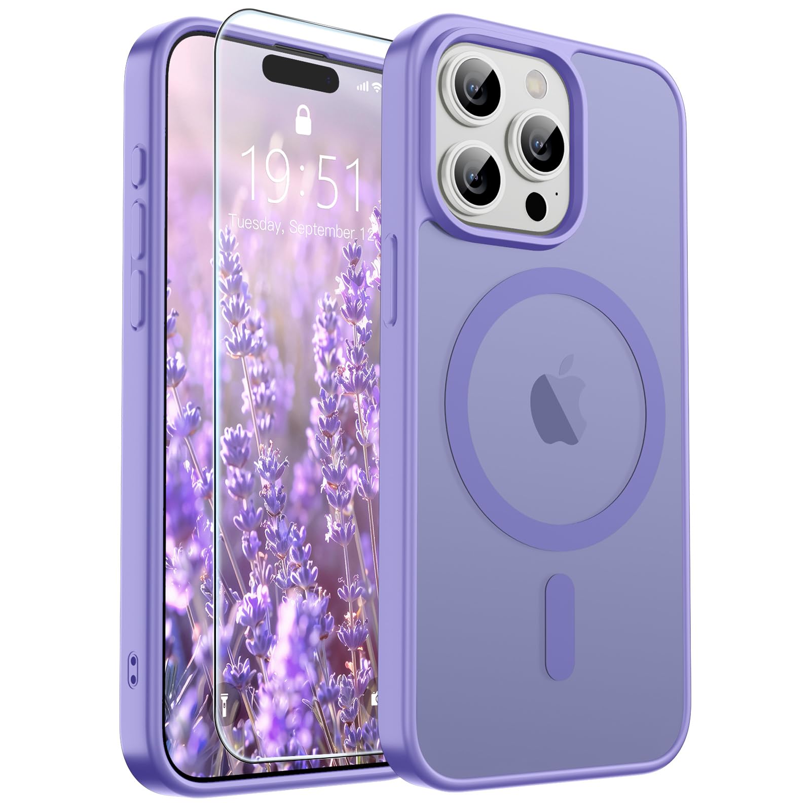 SUPFINE Magnetic for iPhone 15 Pro Case Purple | With Screen Protector, Translucent Matte, Compatible with MagSafe, Military Grade Drop Proof, Rugged Shockproof Protective