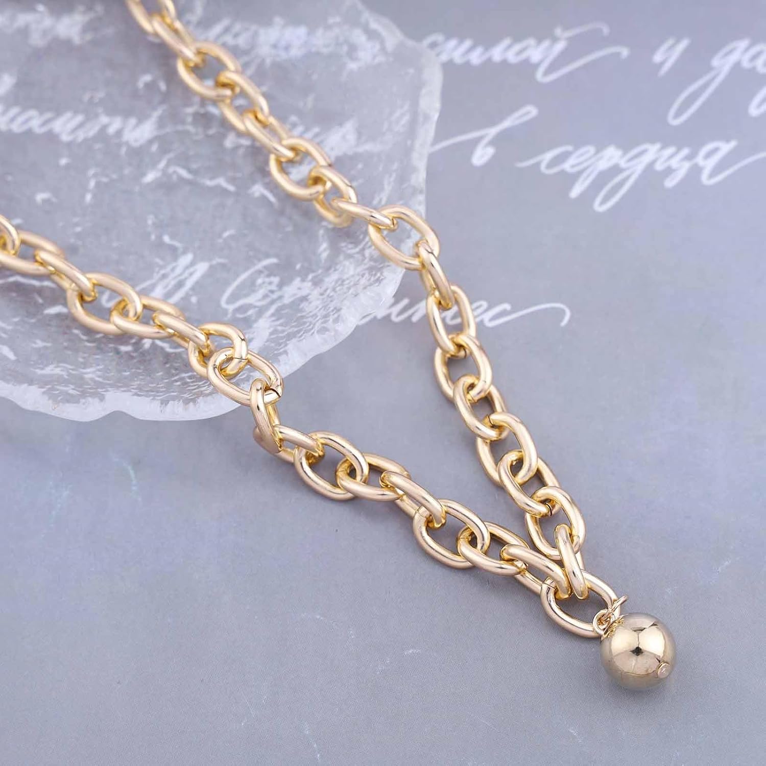 Punk Curb Chain Choker Necklace Gold Ball Pendant Necklace Chunky Chain Necklace Cuban Link Necklace Polished Ball Necklace Jewelry for Women - Image 4