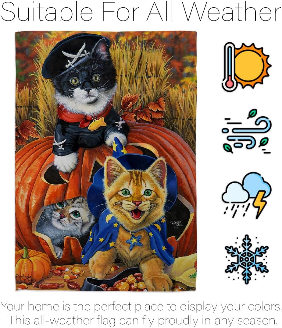 Breeze Decor GS112058-BO Kittens Fall Halloween Decorative Vertical Banner Pole, Garden Flag 13"x 18.5", Small Flag Set w Flagpole