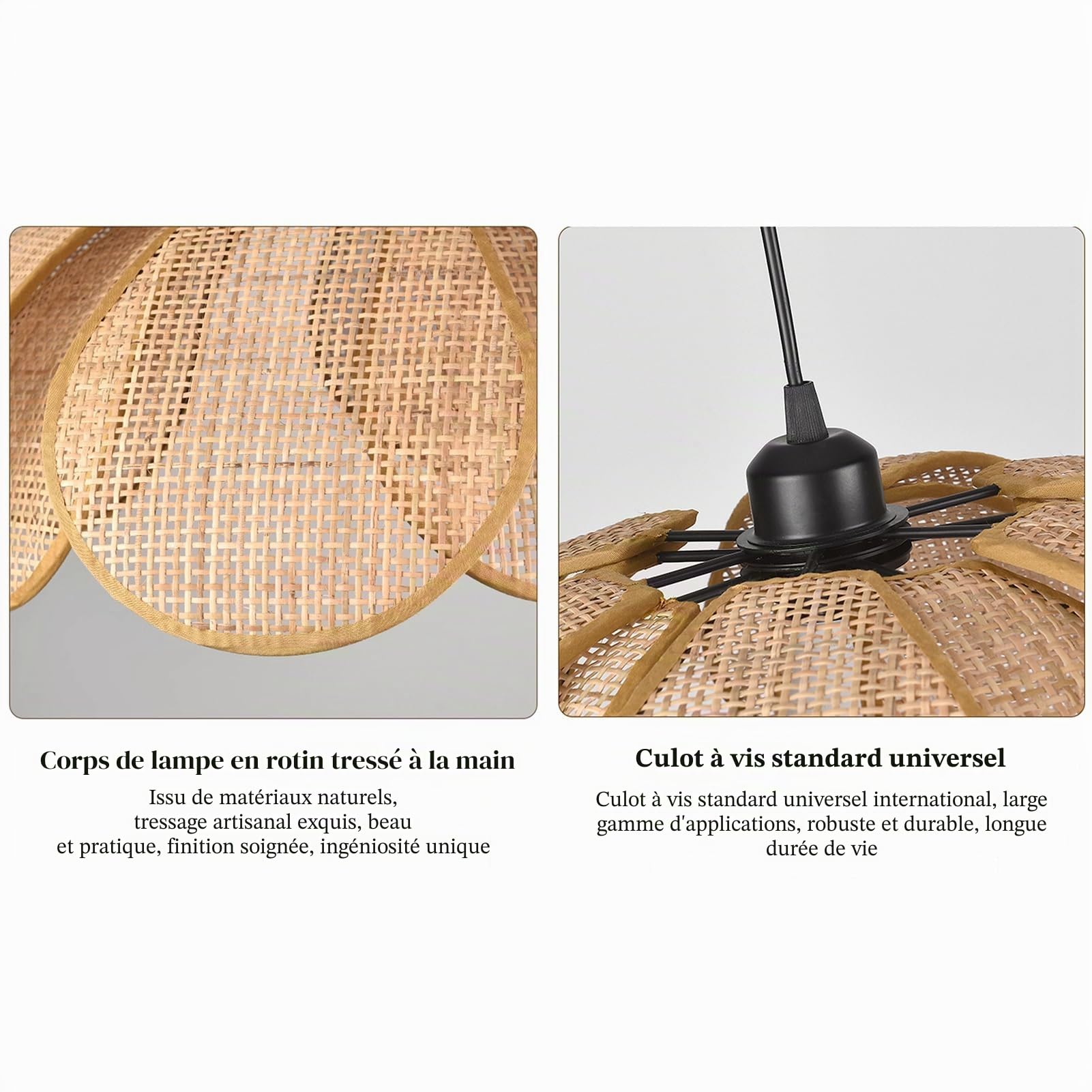 Suspension Boho Petal, Suspension en Rotin Tissé à La Main de Style Wabi-sabi, Lustres de Ferme pour îlot de Cuisine, Salle à Manger, Restaurant, Chambre à Coucher, D: 50cm/20inch