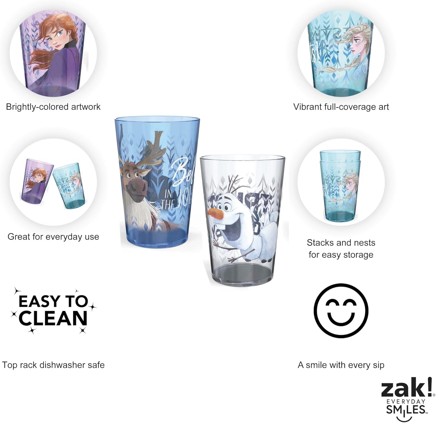 Zak Designs 14.5oz Disney Frozen 2 Nesting Tumbler Set Includes Durable Plastic Cups, Fun Drinkware is Perfect for Kids, 4pk (14.5oz, Anna & Elsa & Olaf) - Image 4