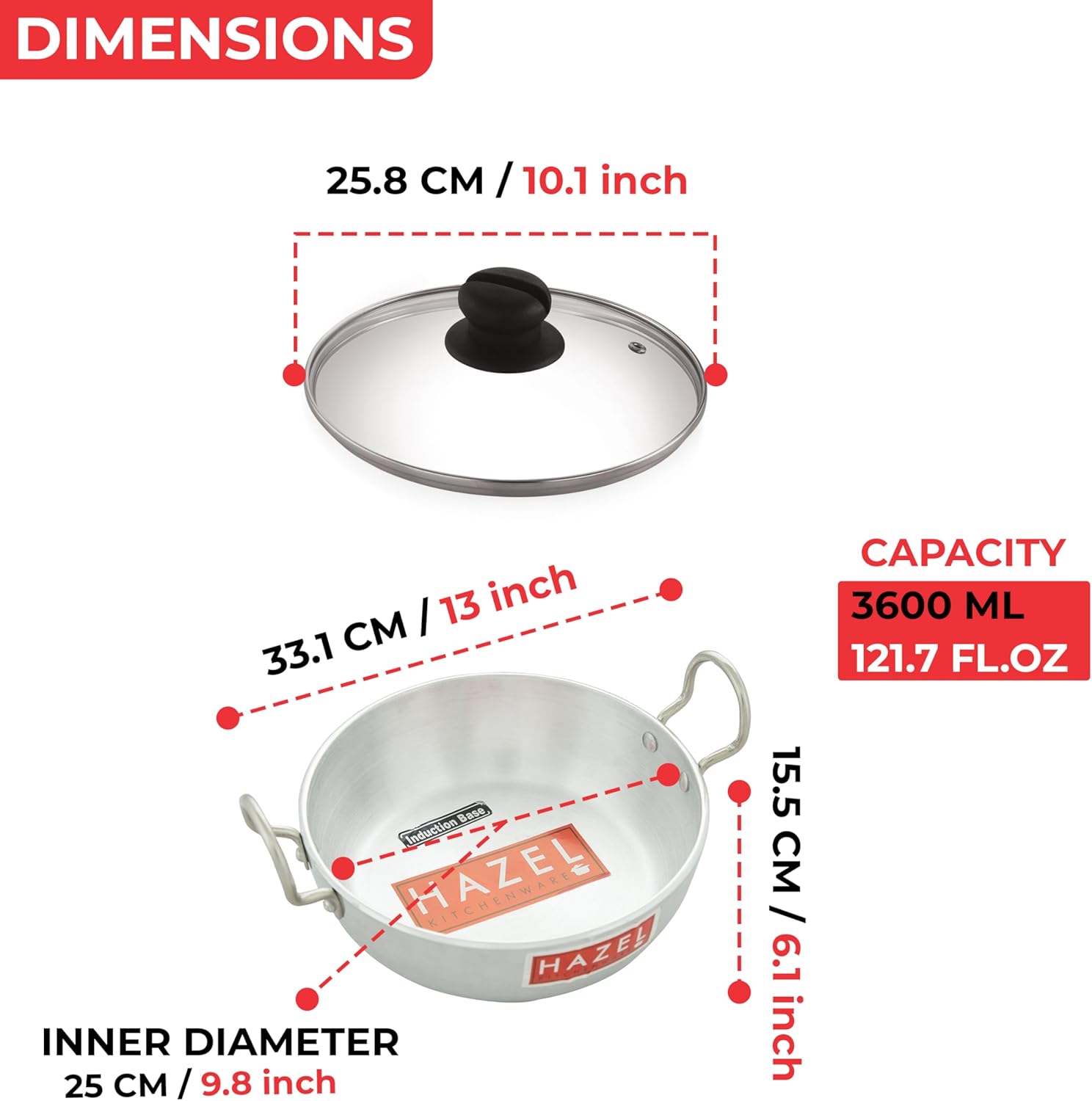 HAZEL Aluminium Induction Kadai/Deep Fry Pan (Kadhai, Handi) 3600 ml with Lid, 25.8 cm | Multi-Purpose Cookware for Gas & Induction