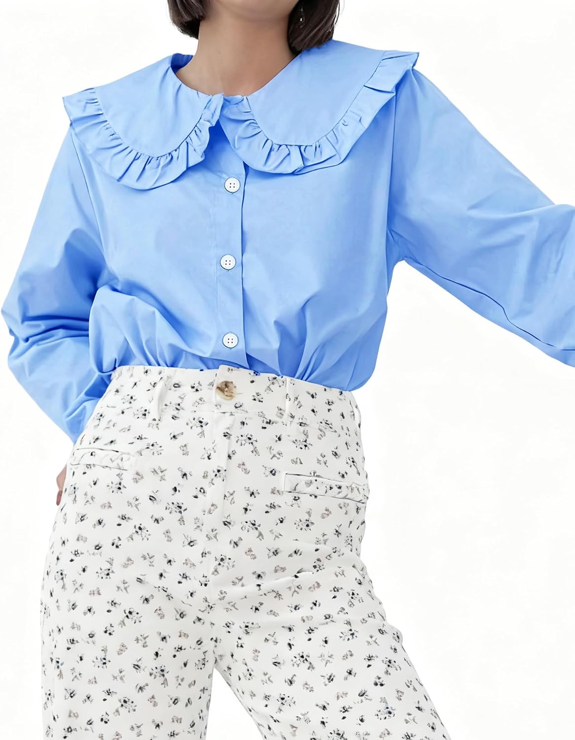 Long Sleeve Button Down for Women Casual Relaxed Shirts Cute Peter Pan Collar Tops