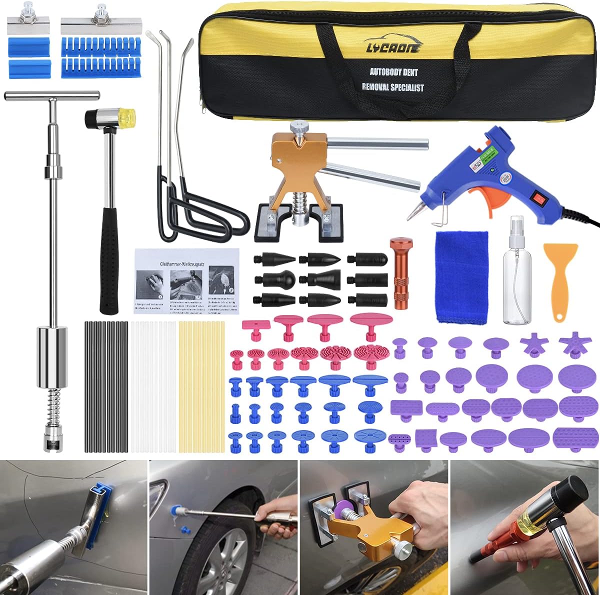 LYCAON Dent Puller Kit, Plug Hot Melt Glue Gun, Paintless Car Dent Repair Tool Kit, Hail Removal Lifter, T-Puller Hook Rods, Includes Instructions & Video (107 Pieces)
