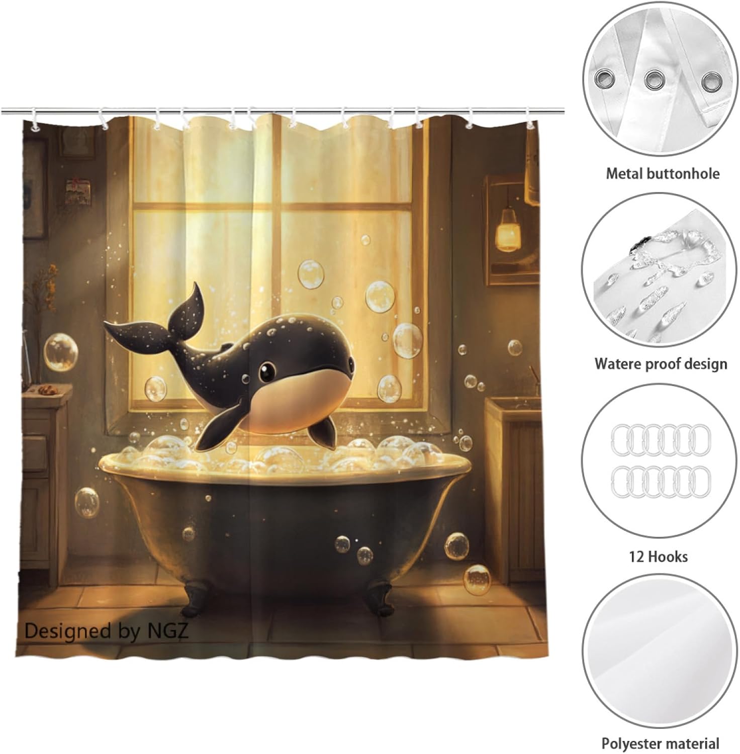 NGZ Cute Whale-Bubble Animal Lovers Shower Curtain Durable Waterproof Fabric Bathtub Sets Home Fabric Bathroom Shower Curtain Set with Hooks 72x72 Inch
