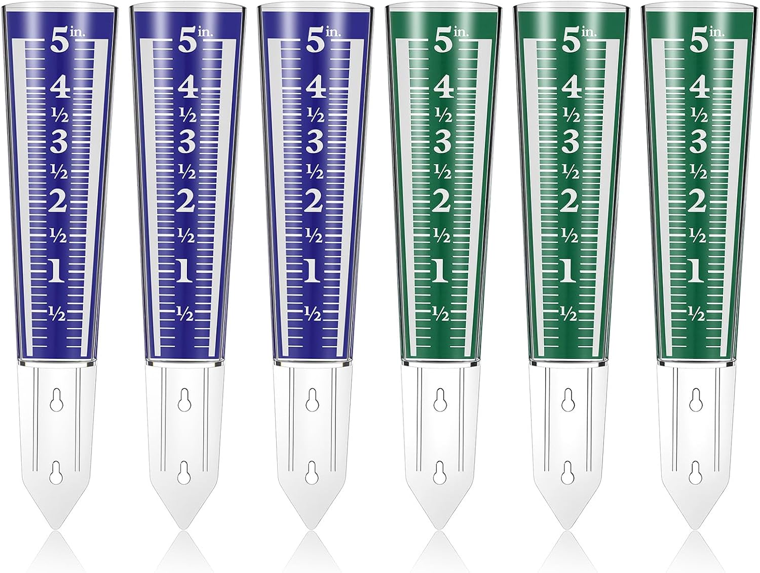 6 Pcs Rain Gauge Outdoor, 5 Inch Capacity Plastic Easy to Read Rain Gauges Measure and Monitor Precipitation Magnifying Scale and Numbers for Garden Yard Field Lawn (Blue, Green)