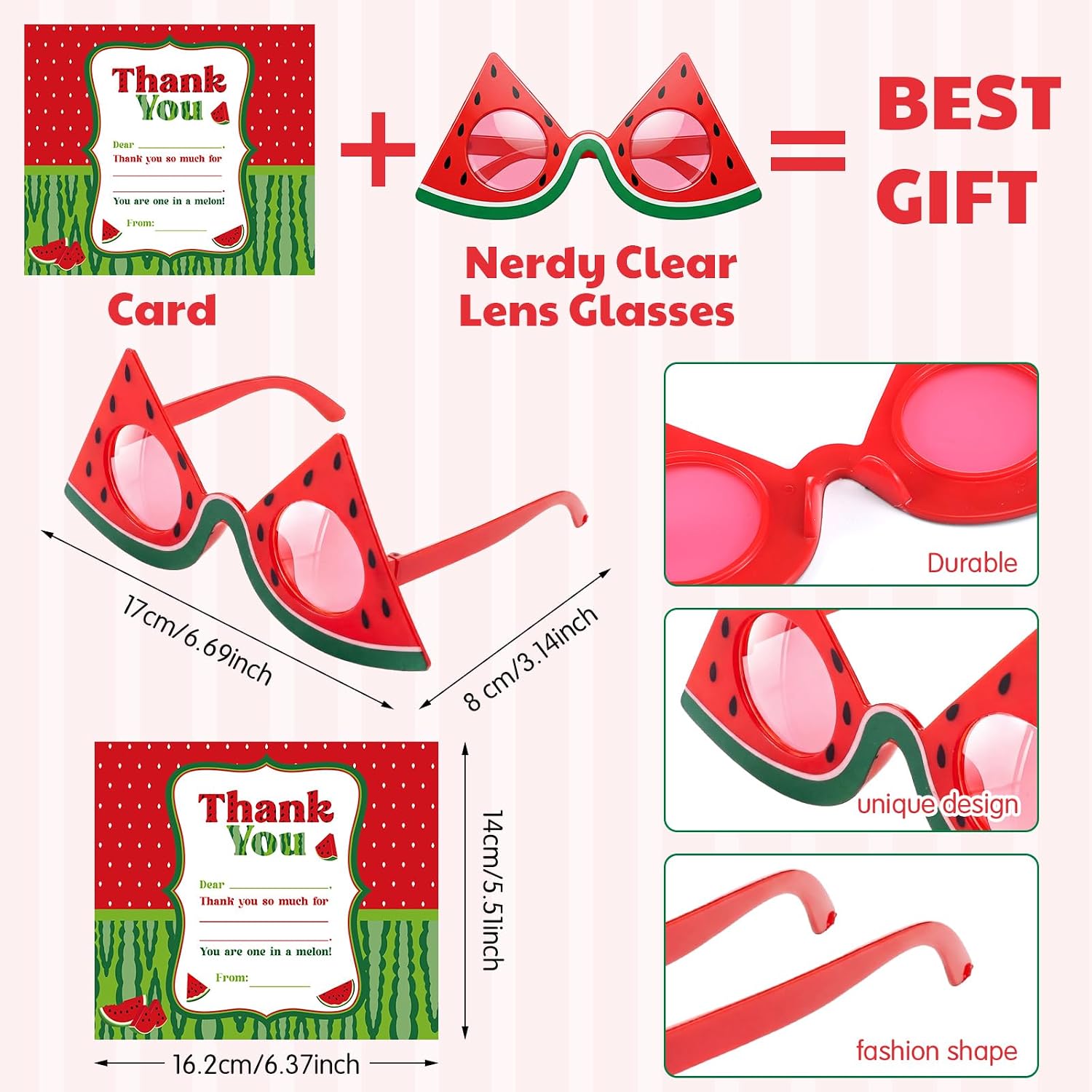 Flutesan 12 Sets Watermelon Party Sunglasses with Thank You Cards Watermelon Party Favors for Kids Birthday One in a Melon Themed Parties Supplies for Hawaiian Tropical Summer Fruit Goodie Bag Fillers