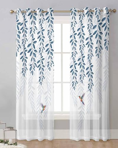 Blue Leaf Sheer Curtains 84 Inches Long 2 Panels Set Spring Leaves Birds Chiffon
