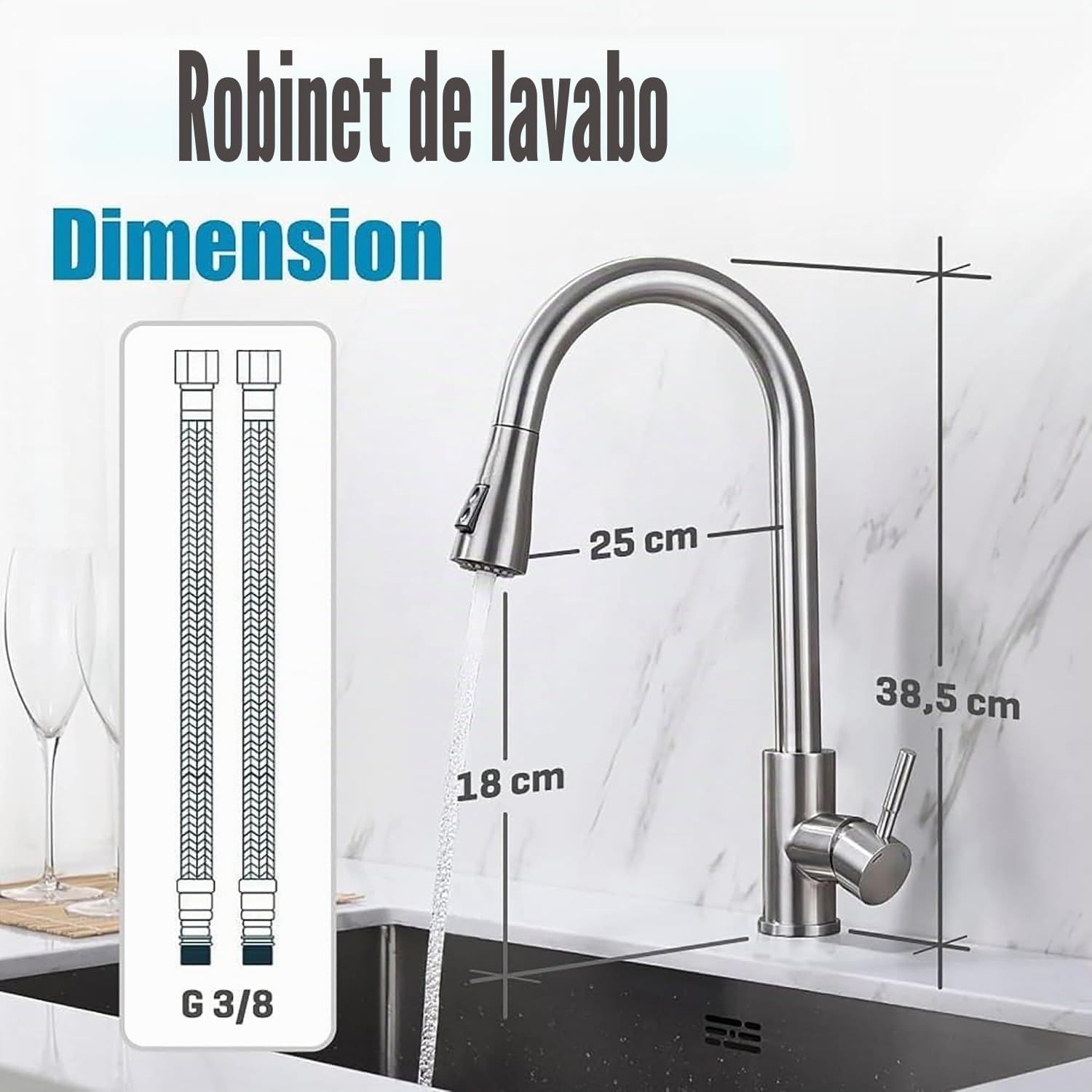 Mitigeur de cuisine extensible en acier inoxydable. 3 fonctions : 2 jets et pause. Robinet extractible pour évier.
