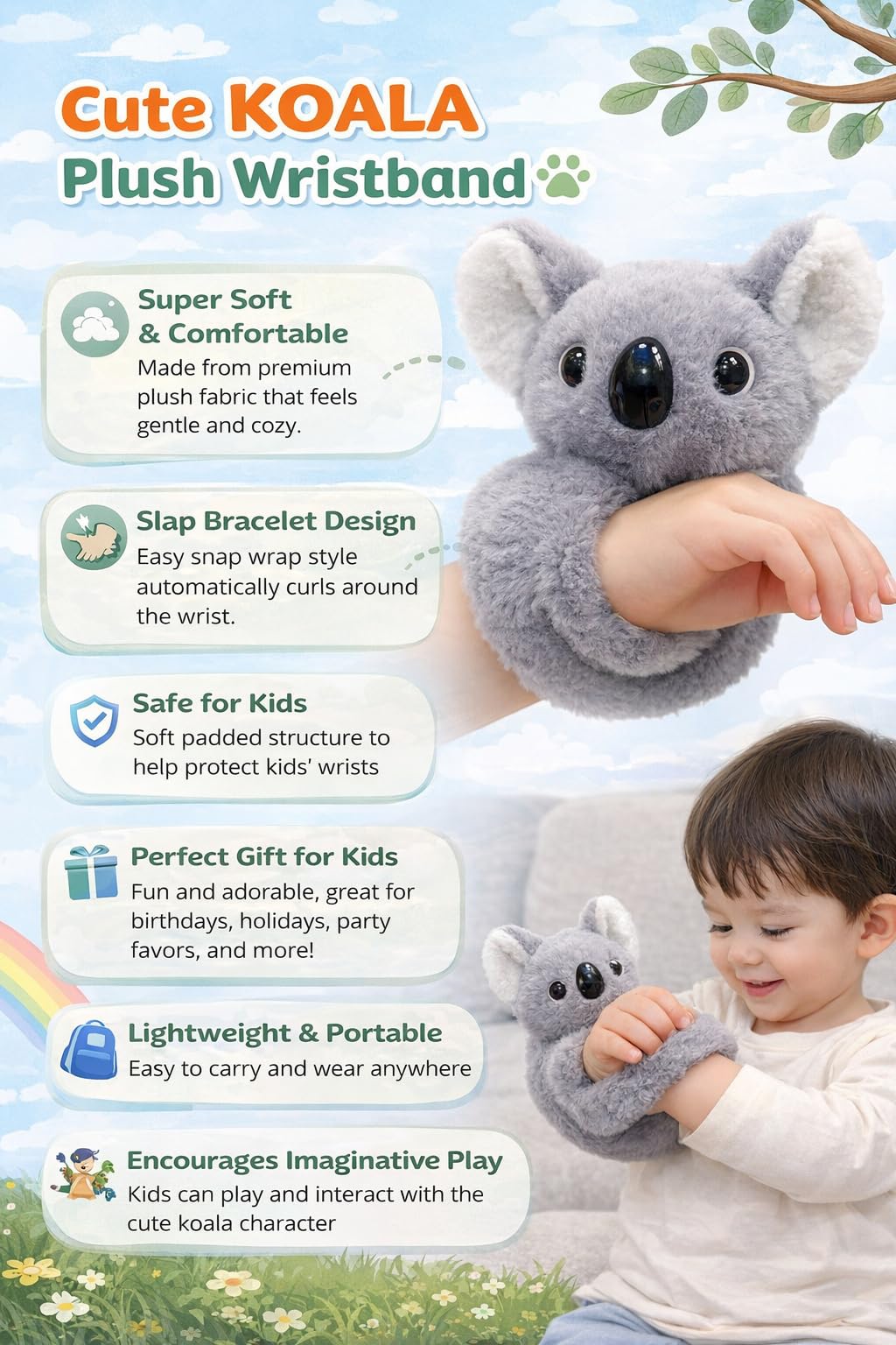 UPUNITOZ Kids Soft Koala Stuffed Toy Slap Bands Wristbands | Cute Plush Koala Wearable Toy Bracelet for Girls and Boys | Birthday Party Favors, Return Gifts, Stocking Stuffers 4