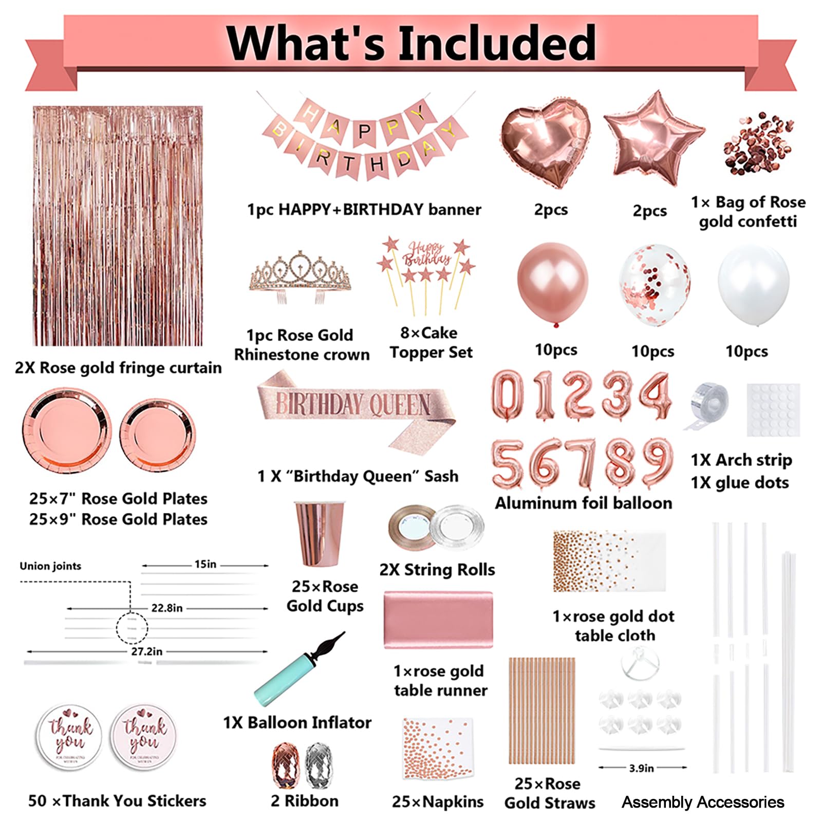 263 Pcs Birthday Decorations for Women, Rose Gold Party Decorations for Women, Party Decoration Supplies, Tableware Kit, Banner, Tassel Curtain, for 25 Guests