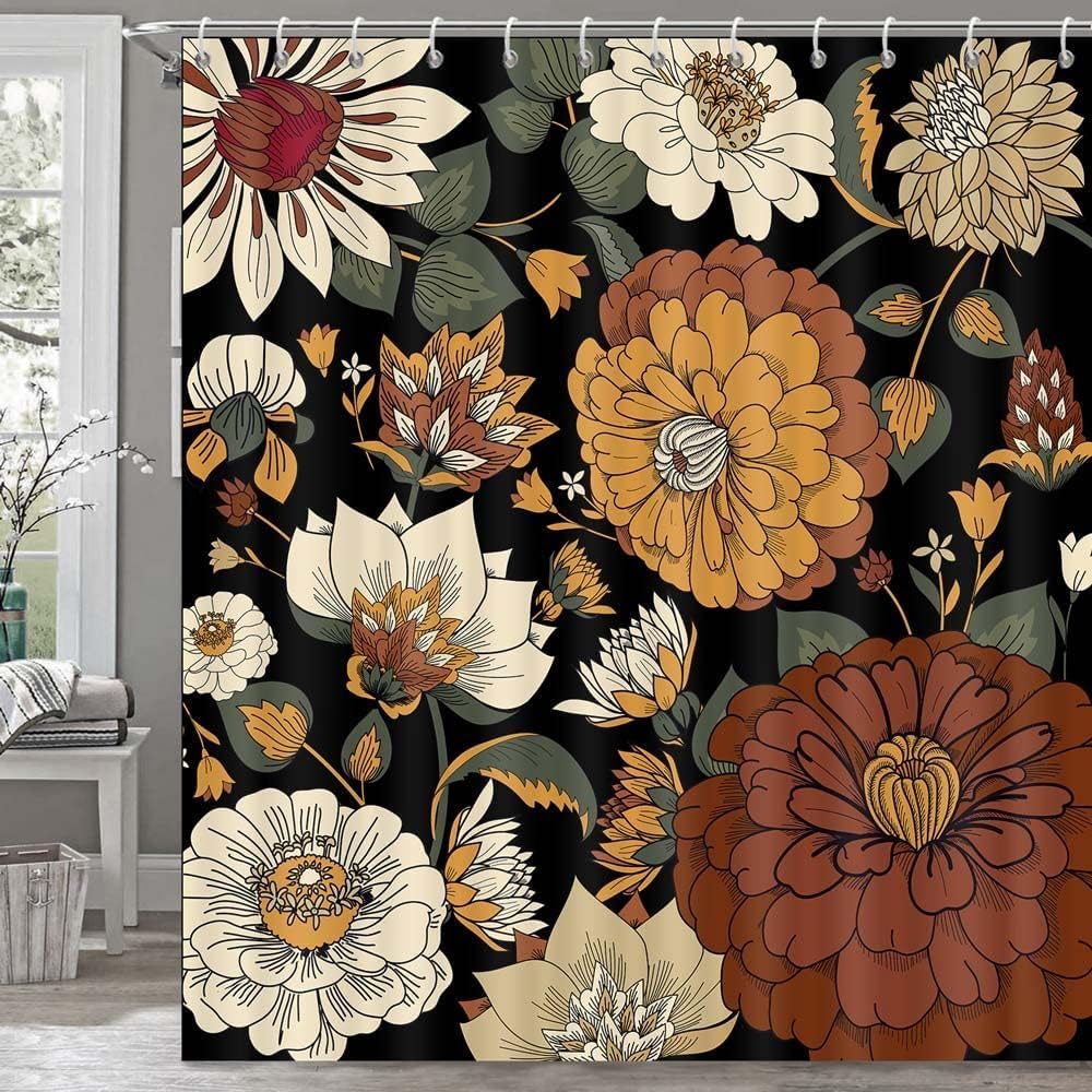 Torich Boho Floral Botanical Shower Curtain, Mid Century Morden Abstract Bohemian Flowers Tropical Leaves Bathroom Curtain, Waterproof Fabric Bathroom