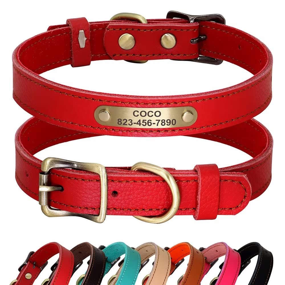 PET ARTIST Personalizado Collar de Perro de Cuero Genuino, Ligero y Suave Collar, 7 Hermosos Colores, Collar de Perro Durable para Cachorro y Perros pequeños, Rojo S
