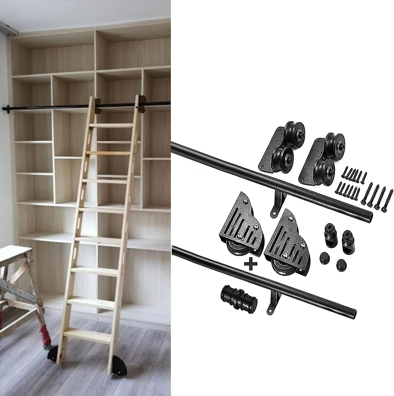 Kit de rail pour porte de grange coulissante noire et matériel d'échelle de bibliothèque