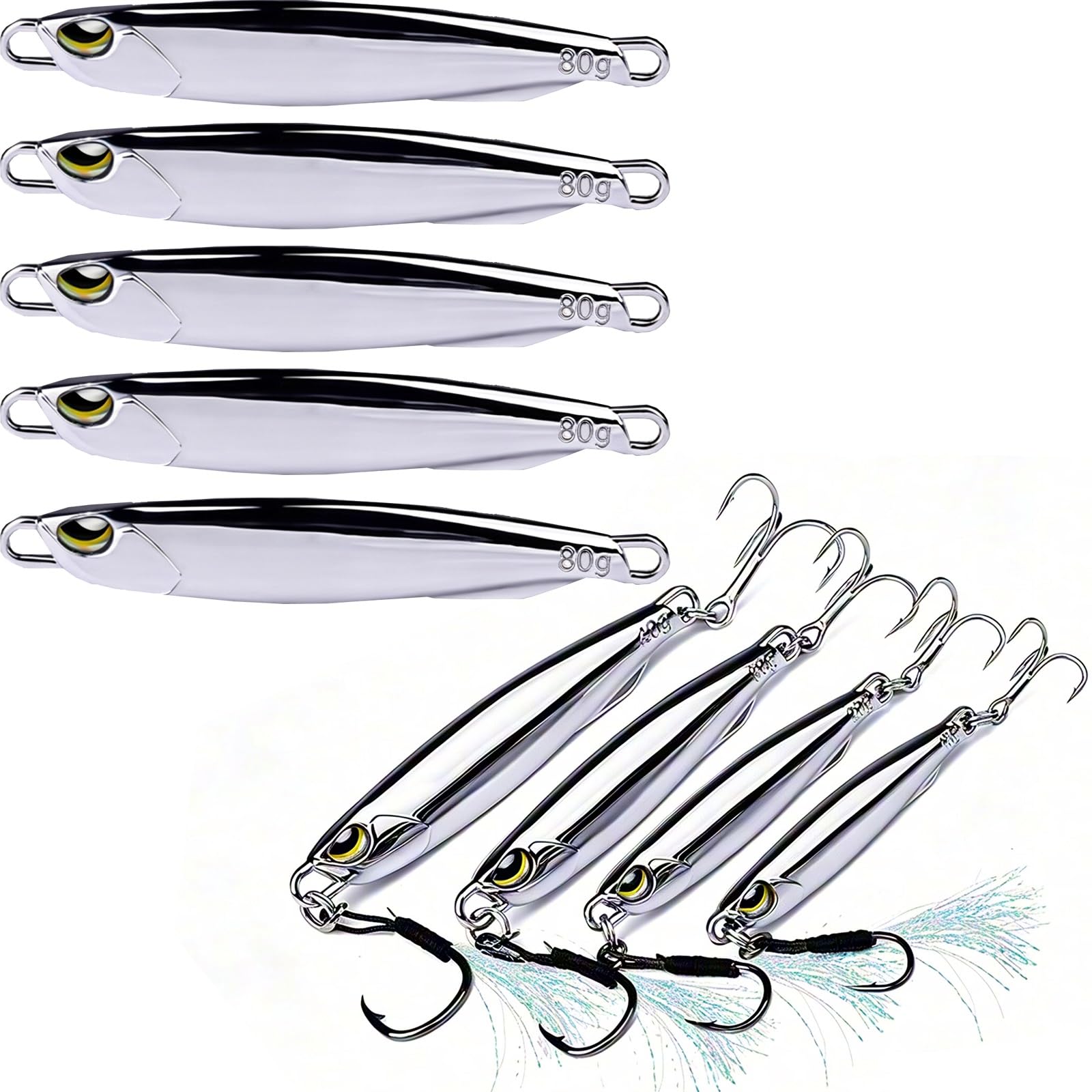 Set da 5 Cucchiai Oscillanti, Esca Metallica Rotante per Pesca in Mare, con Ami Tripli a Lama, Adatto per Spigola Tonno Luccio Salmone e Trota