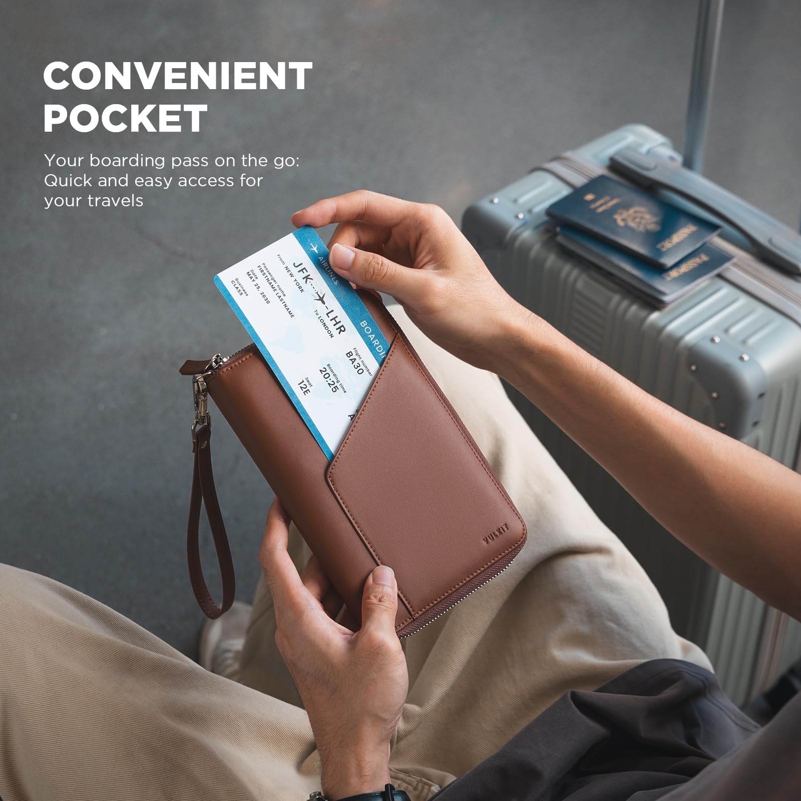 VULKIT Porta passaporto in pelle per famiglia, organizer per documenti da viaggio, con blocco RFID, sottile, doppio slot per schede SIM e porta carte, Espresso, 21 x 14 x 2.3 cm, Casual