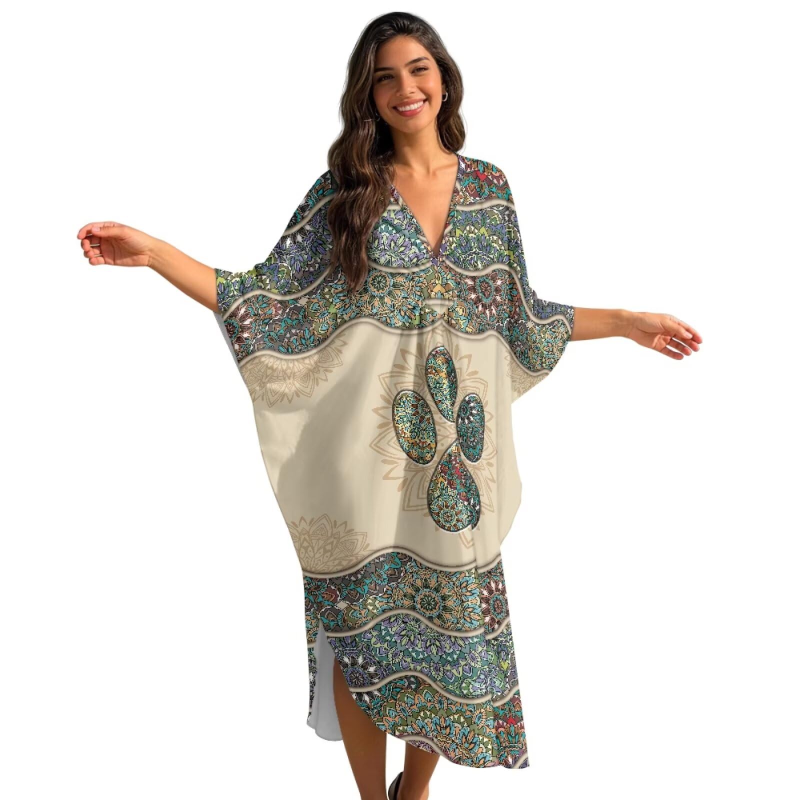 Caftano estivo da donna, con scollo a V, maxi abito da spiaggia da donna con maniche a pipistrello, abbigliamento da resort
