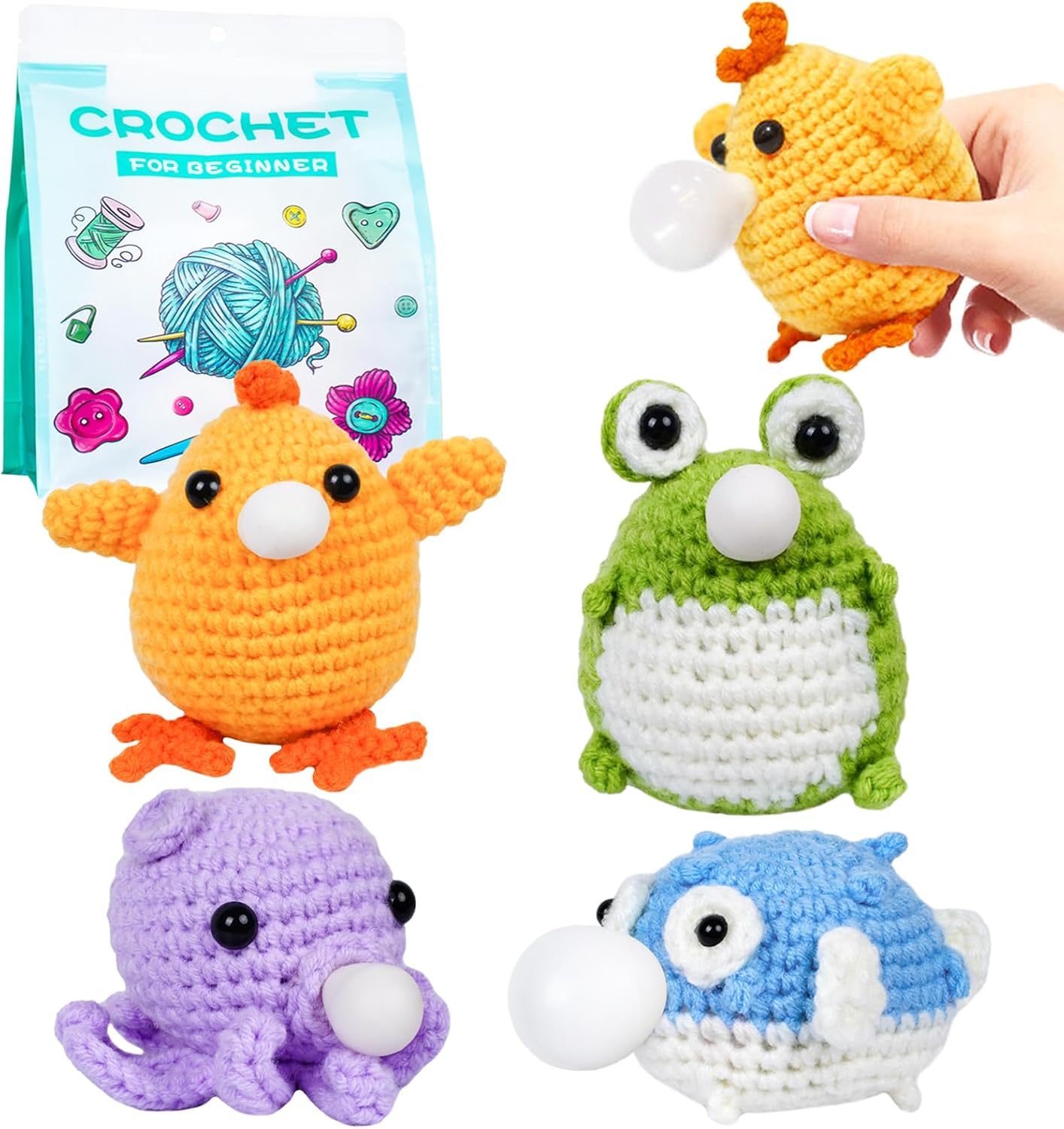 Disracker Crochet Kit for Beginners - 4 Pack Interactive Squeeze Bubble Animal Amigurumi Kit with Step-by-Step Video Tutorials, Complete Starter DIY Yarn Craft Gifts for Adults