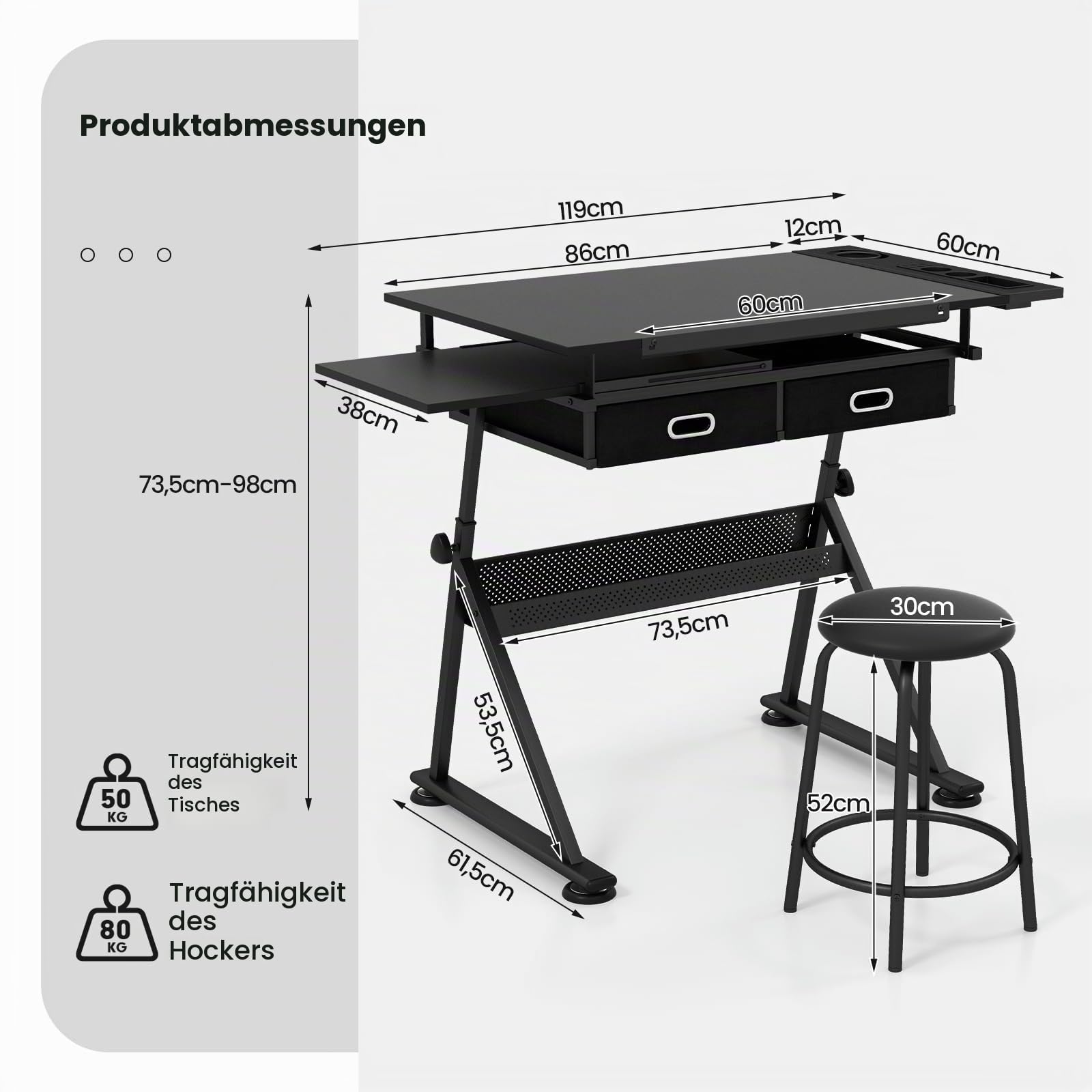 GIANTEX Zeichentisch mit Hocker, Architektentisch Schreibtisch höhenverstellbar & neigungsverstellbar, Schülerschreibtisch 2 Schubladen / 2 Arbeitsflächen, Bürotisch Arbeitstisch Architekten (Schwarz)