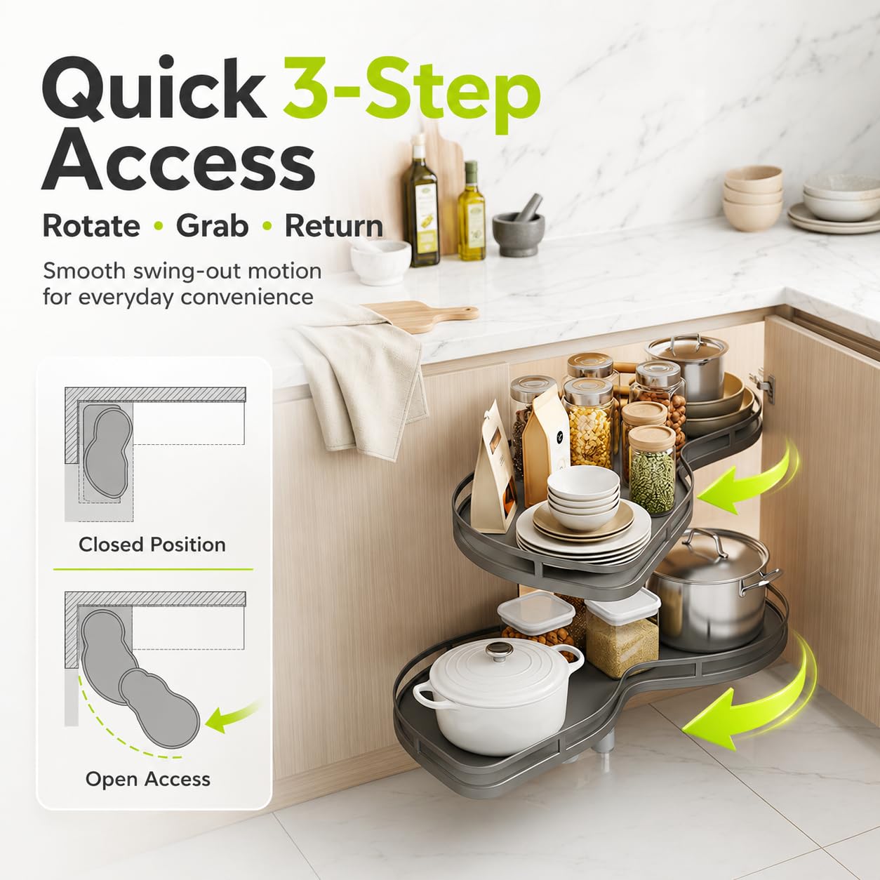 Lazy Susan Armoire d'angle robuste à 2 niveaux avec fermeture amortie réglable en hauteur, solution de rangement facile d'accès pour armoires de cuisine
