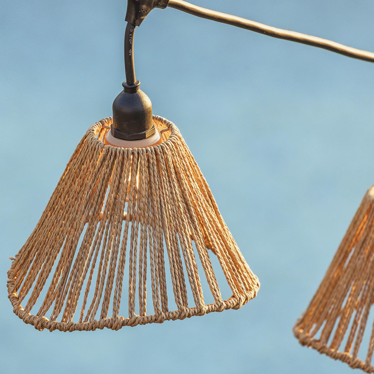 RAFFY LIGHT Verbindbare LED-Lichterkette mit Lampenschirmen aus Seil im Boho-Stil, 7 Leuchtmittel mit Glühfaden E27-Fassung, warmweiß, 6 m