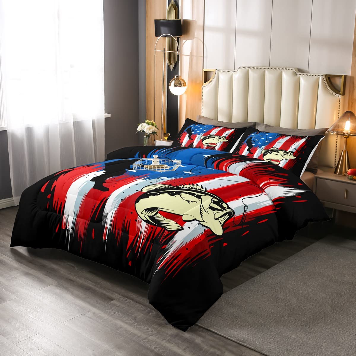 Bandiera americana Giù Consolatore Agriturismo Pesca Biancheria Da Letto Set per Bambini Ragazzi Ragazze Adolescenti Camera Pesce Selvaggio Giù Consolatore Pesca Caccia 3