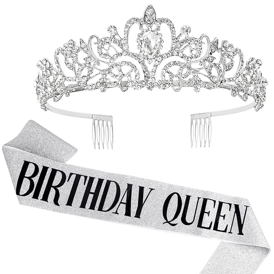 DRESHOW Birthday Crown and Sash Set - Queen Rhinestone Tiara for Women and Girls - Party Decorations Hair Accessories with Glitter Sash