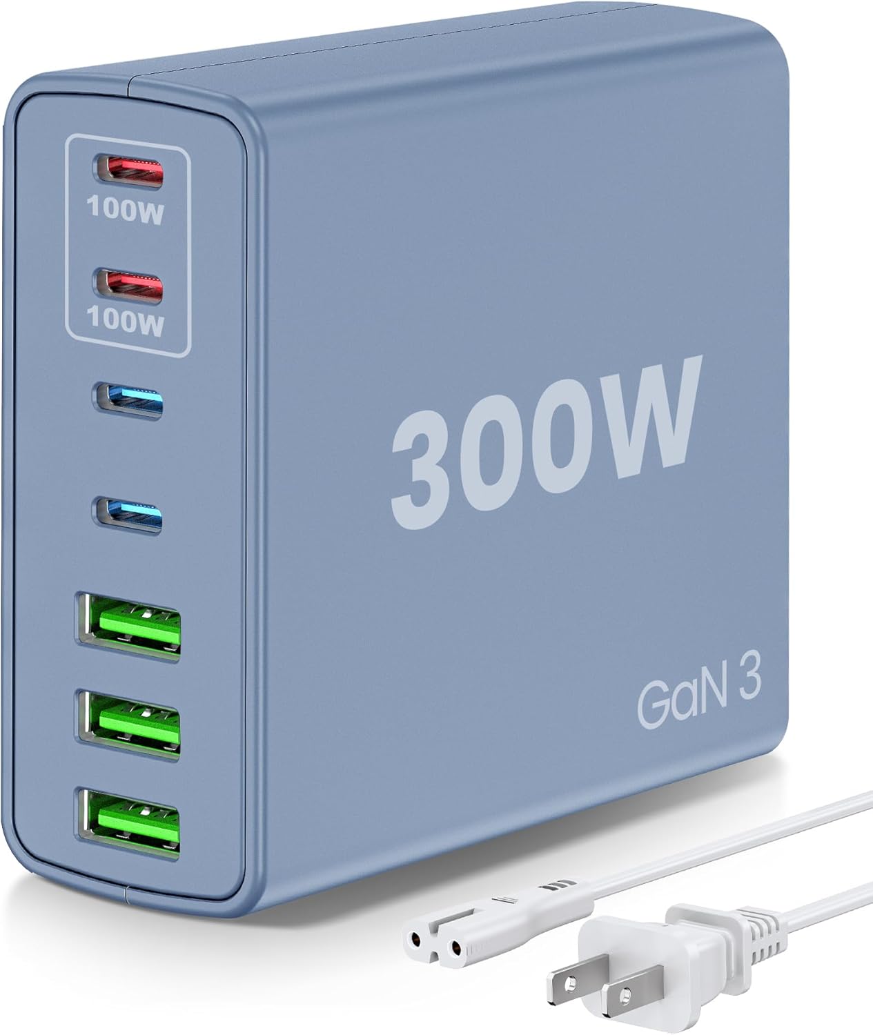 USB C Fast Charger Block 300W: 7 Port USB Charging Station Hub Brick – Dual PPS PD 100W Laptop Wall Charger Power Adapter – Blue