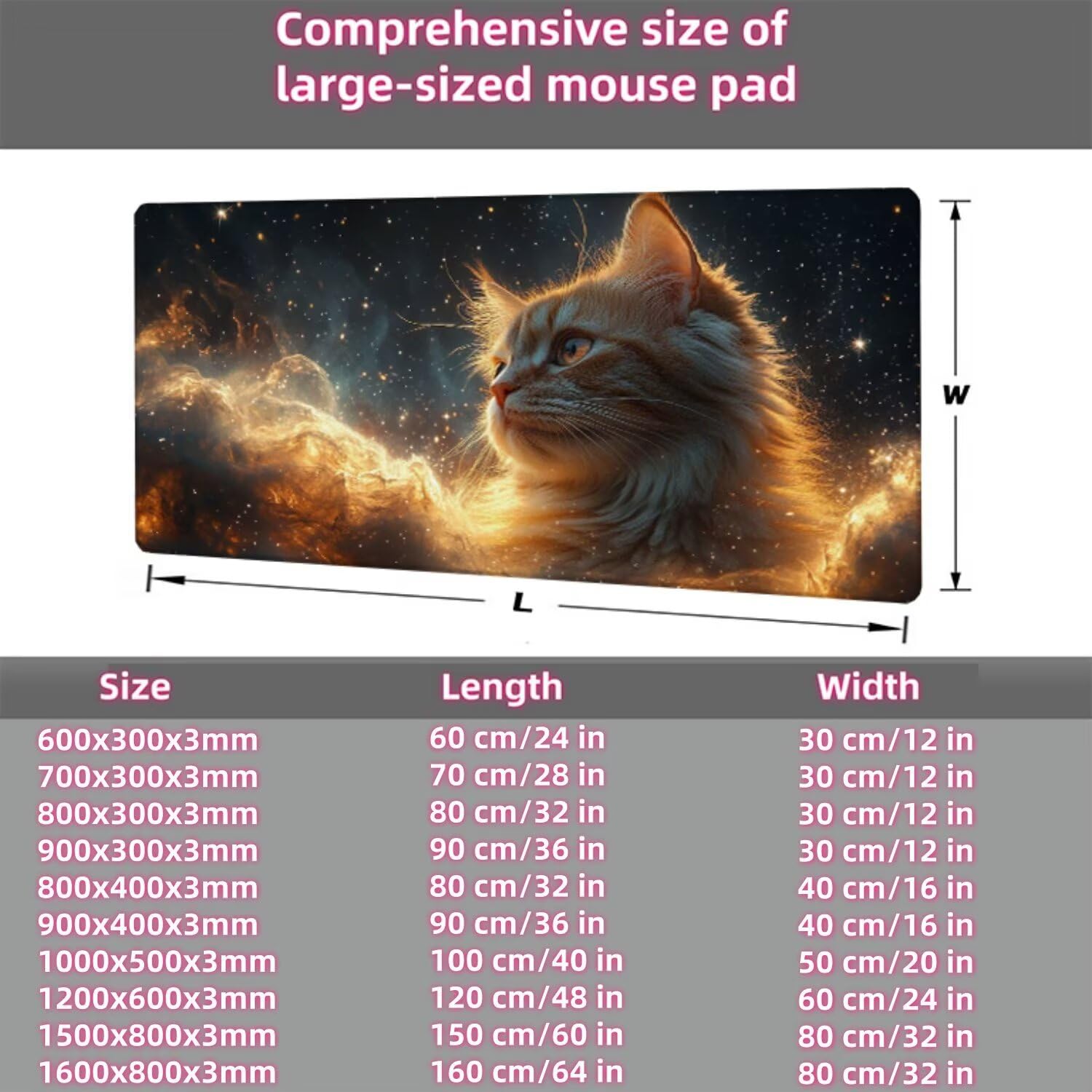 Podkładka pod mysz dla kota 1600x800x3mm duża podkładka pod mysz, gwiaździste niebo podkładka pod mysz dla graczy, szyte krawędzie, antypoślizgowa gumowa podstawa, pod klawiaturę i mysz, do akcesoriów