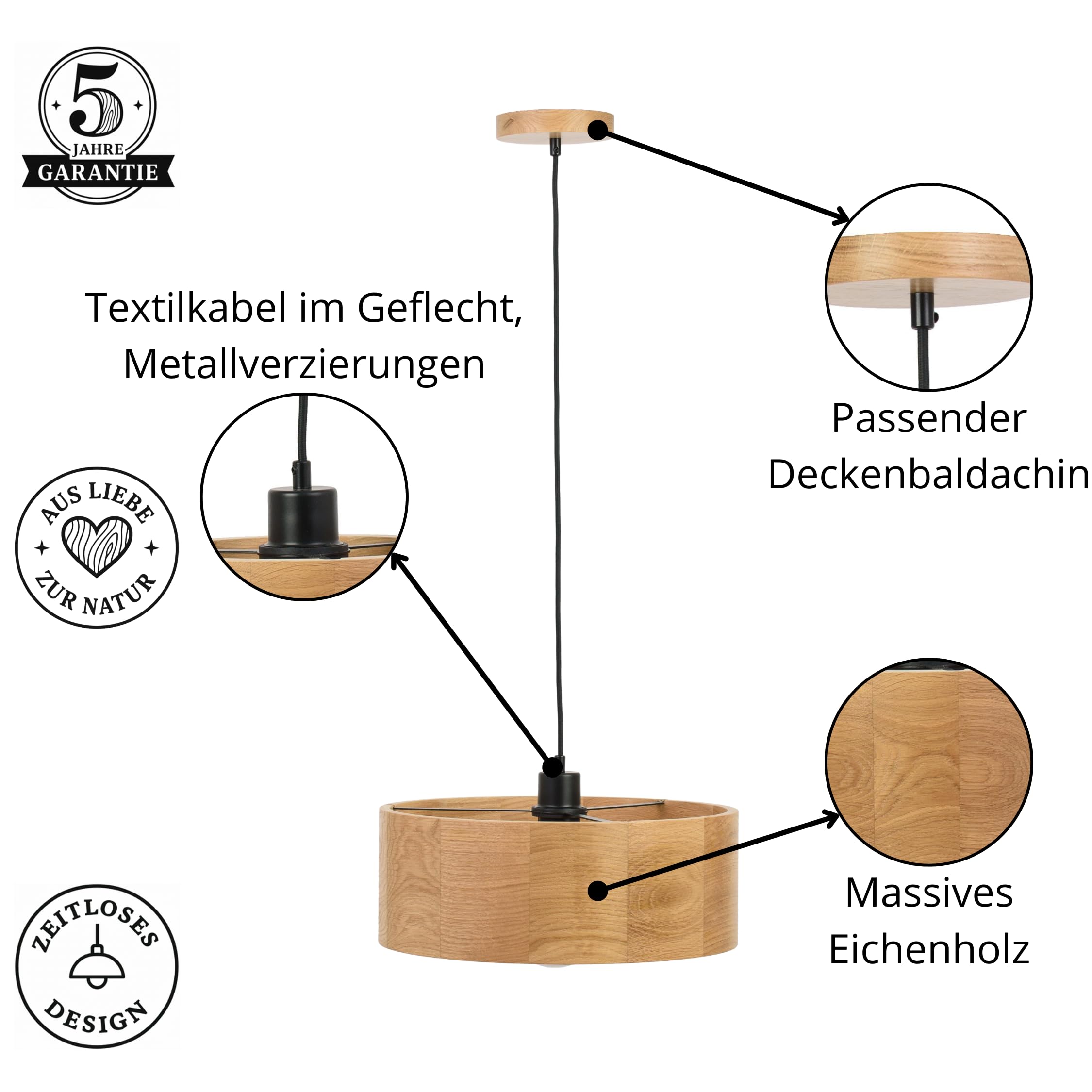 Pendelleuchte Holz - Rund Modern Holzlampe 1xE27 (37 cm) - Hängeleuchte Eiche - Natur Lampe für Esszimmer, Wohnzimmer, Küche, Schlafzimmer, Flur - Stilvolles Design Eichenholz ANTILIA