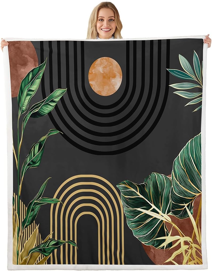Erosebridal Mid Century Fleece Blanket Queen 90x90 Brown Black Boho Geometric Sherpa Blanket Tropical Modern Palm Leaf Fuzzy Plush Throw Abstract Bohemian Aesthetic Decor