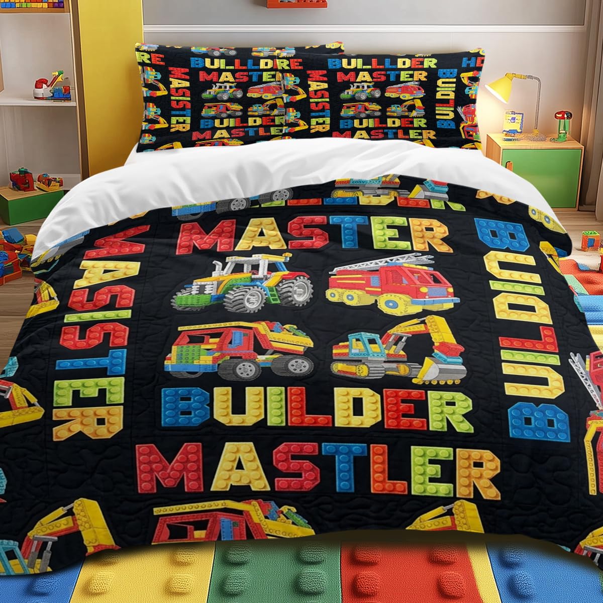 Kids Construction Truck Duvet Cover Set Double Size, Builder Master Building Blocks Theme Bedding for Boys, Soft Microfiber Reversible Cover for Kids Bedroom Decor, Zipper Closure and Corner Ties