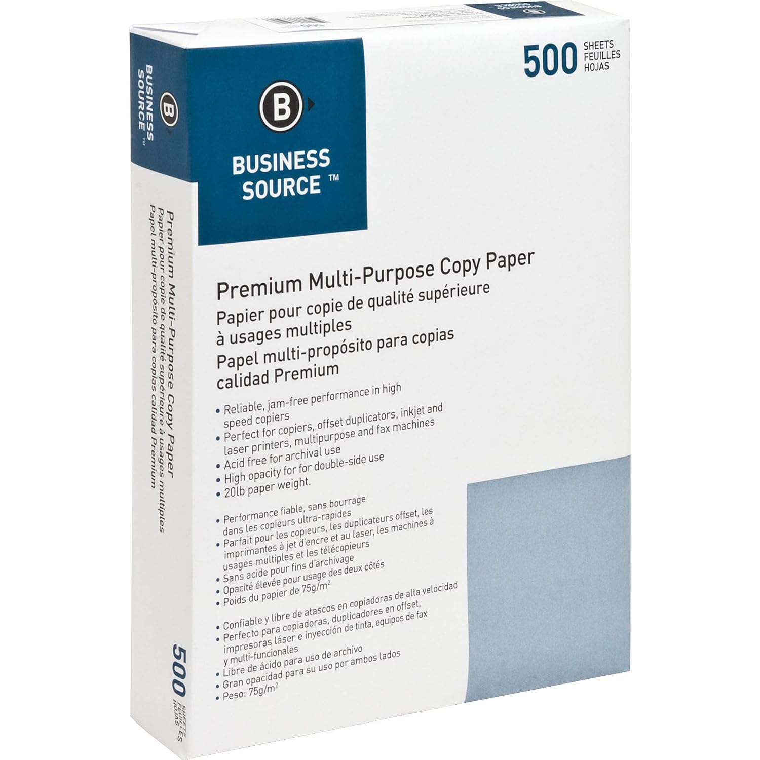 Business Source Premium Multi-Purpose Copy Paper, 8.5" x 11", 92 Brightness, 20 lb, 5 Reams (2500 Sheets)