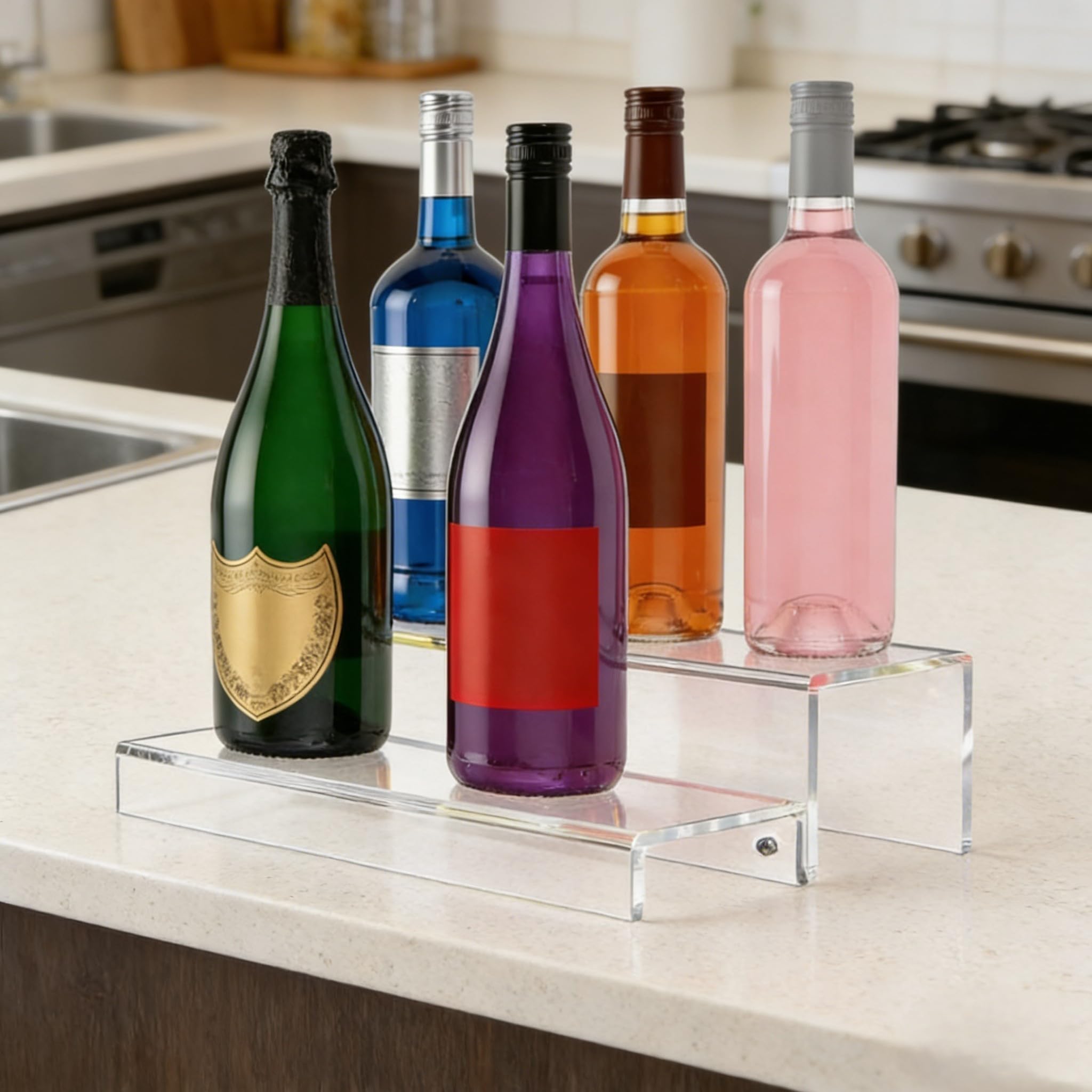 Espositore per bottiglie di liquori in acrilico trasparente, supporto organizer a due livelli con design a gradini, robusto supporto da banco per vino e whisky da banco di 5 mm di spessore, per la