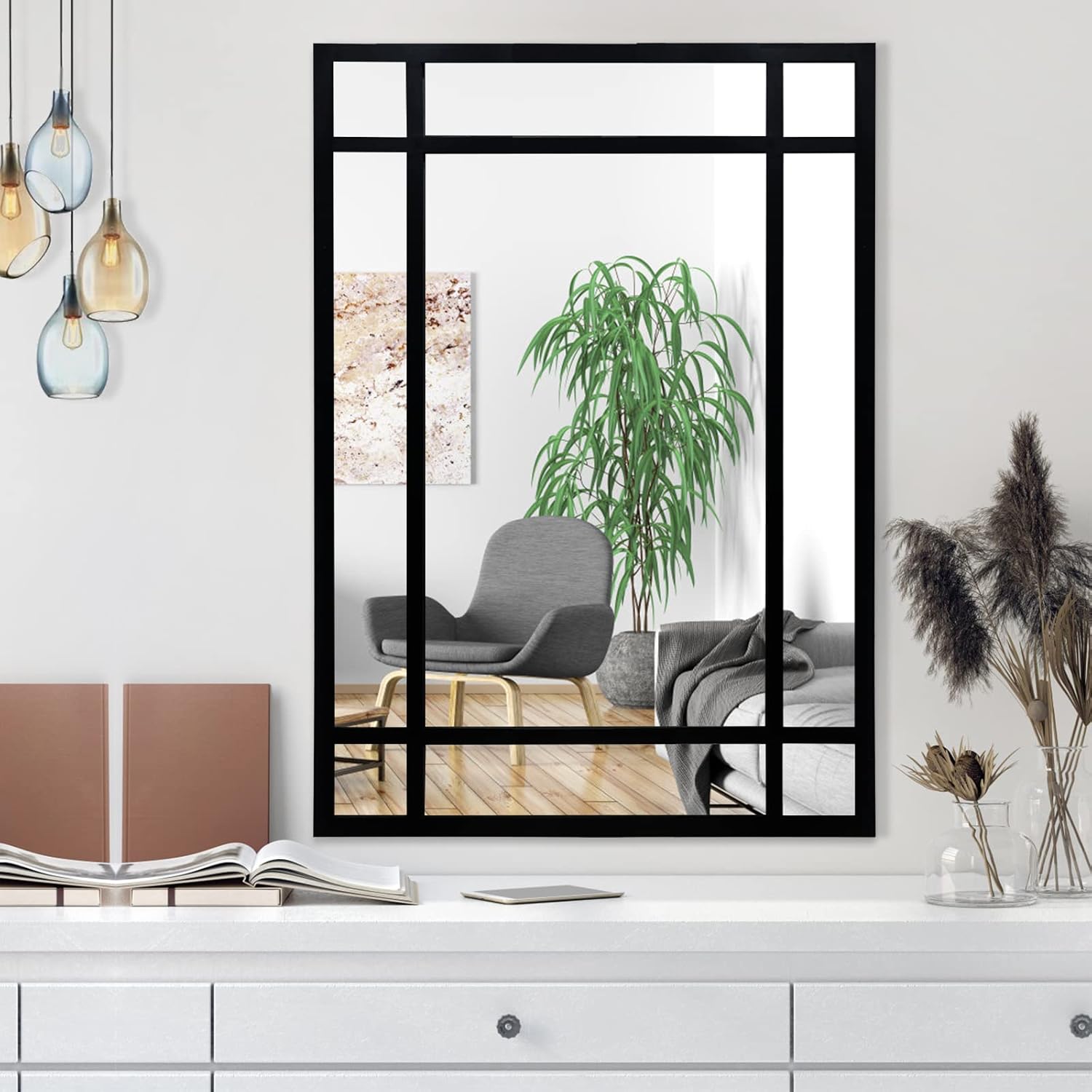 Black Rectangle Mirror, Farmhouse Decorative Wall Mirror for Entryway, Living Room, Bedroom, Hallway, Fireplace, Accent Wall Decor (Black1, 34" x 24")
