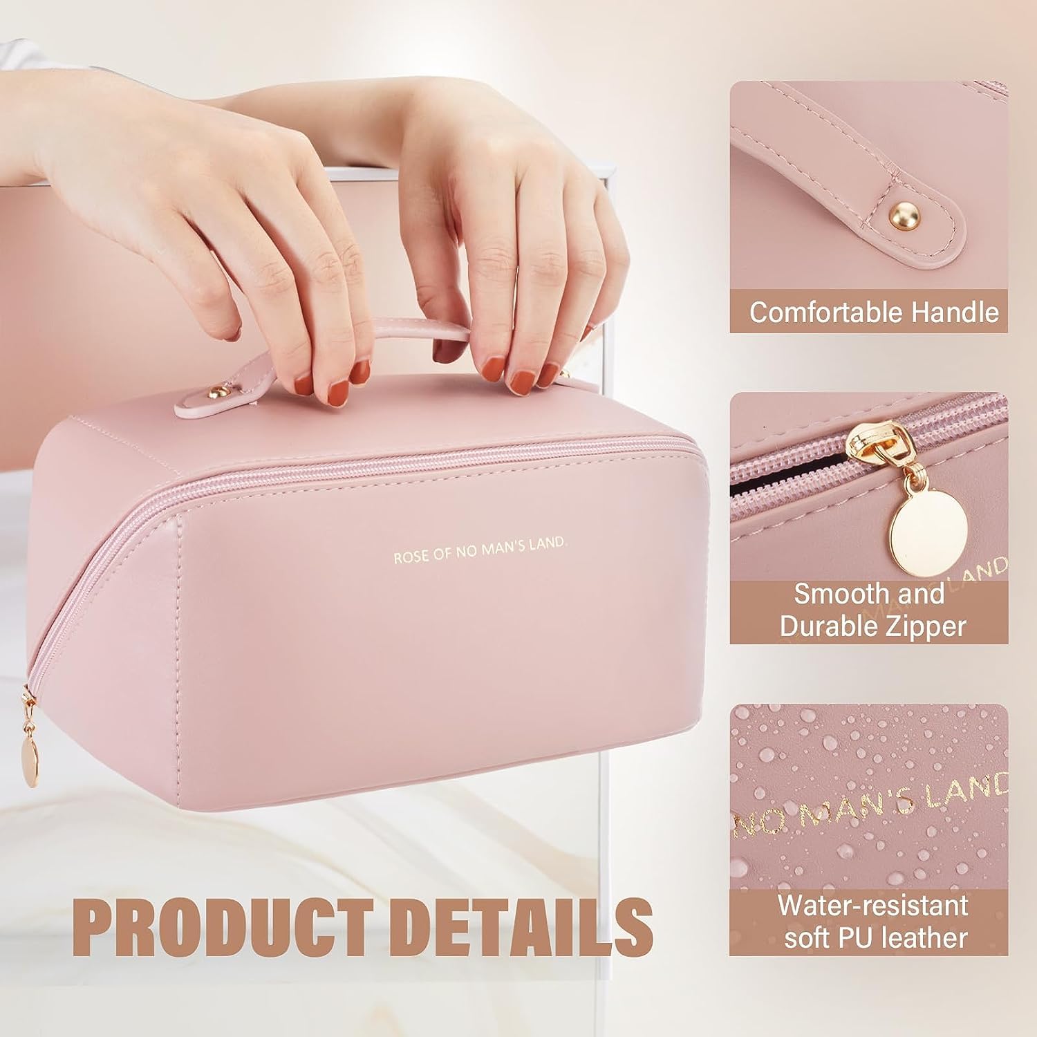 Trousse de Toilette Voyage Grande Capacité Imperméable PU Rose avec Poignée