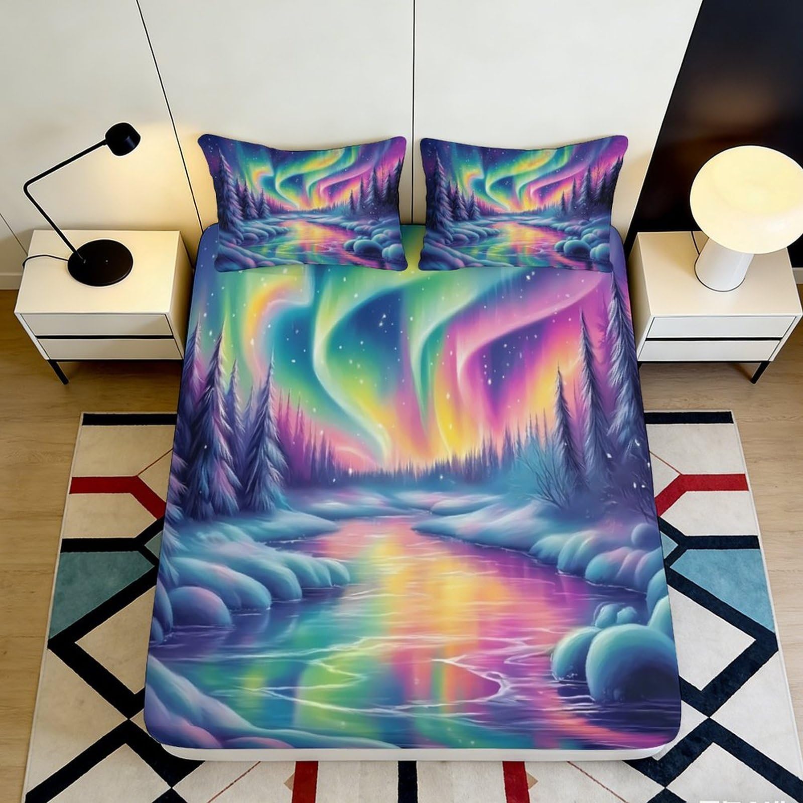 3D Printed Aurora Borealis Fitted Sheet Microfiber Soft Colorful Northern Lights Bed Cover for Bedroom Guest Room Dorm Decor 90x200x25cm