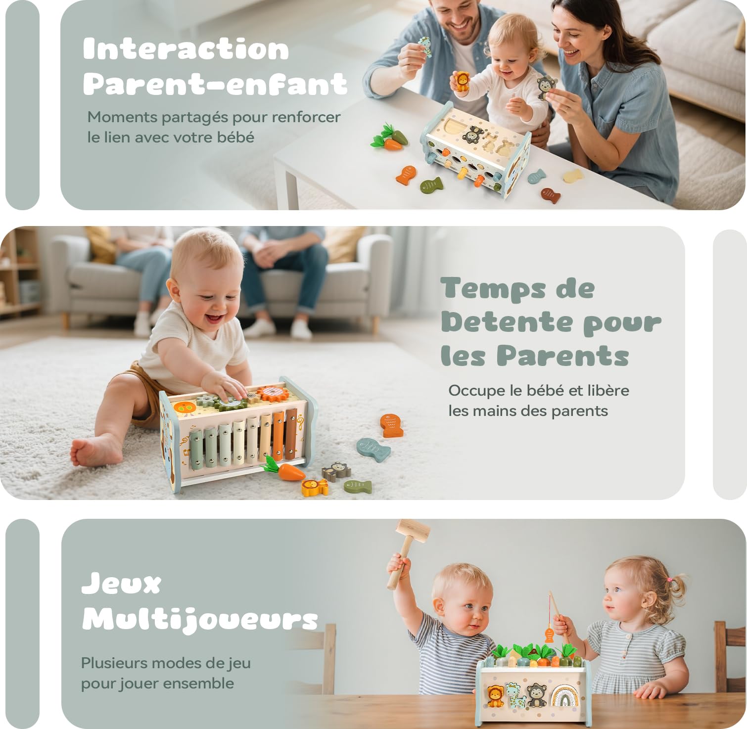 Jouet Montessori 1 an 6 en 1 Bois Bebe avec Xylophone, Jeu de Taupe, Pêche, Engrenage, Cadeau Anniversaire Noël 1 2 3 Ans Garcon Fille