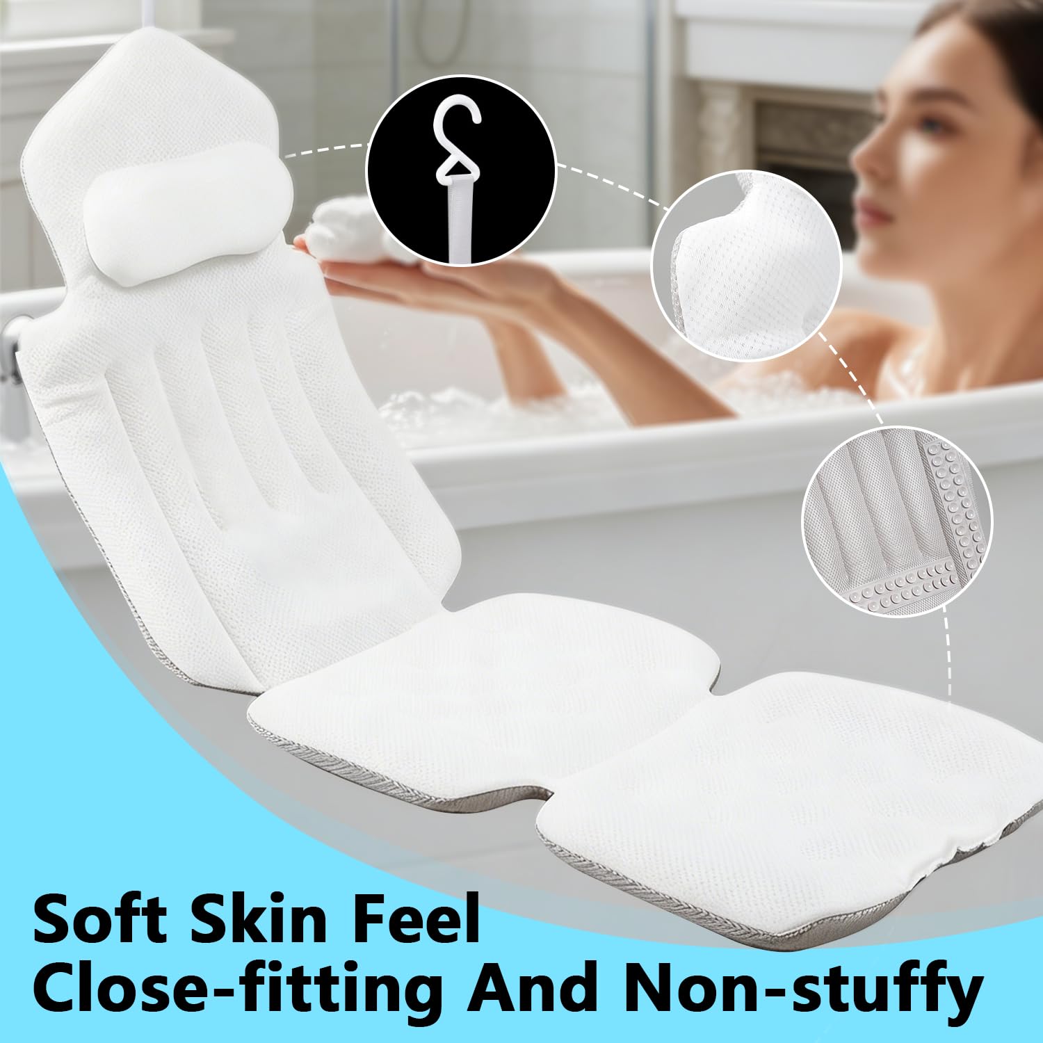 Coussin de bain complet pour baignoire, coussin de bain en maille aérée 3D avec coussins cervical et lombaires et ventouses antidérapantes, coussin de bain avec soutien de la tête, du cou et du dos