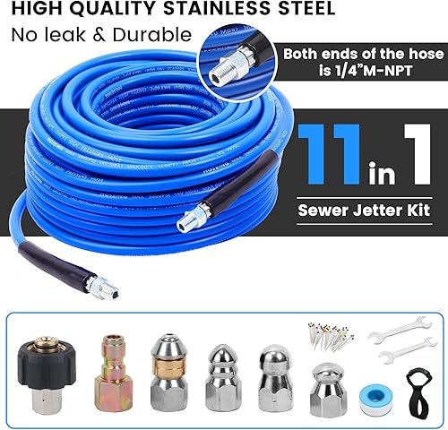 Miniatura 7 de Kit de chorro de alcantarillado a presión de 100 pies, manguera limpiadora de drenaje de chorro de agua de 5800 PSI con boquilla de nariz de botón